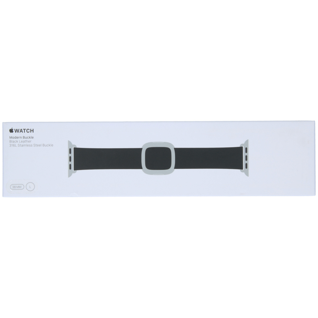 Pudełko z czarnym skórzanym paskiem Apple Watch, srebrną klamrą, 38 MM L.
