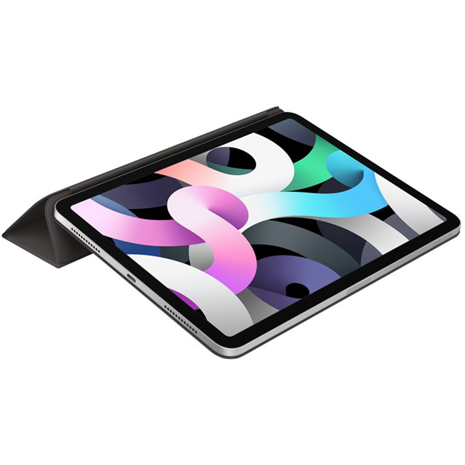 Ein silbernes Tablet mit schwarzem Cover, das eine bunte Abstraktion anzeigt.