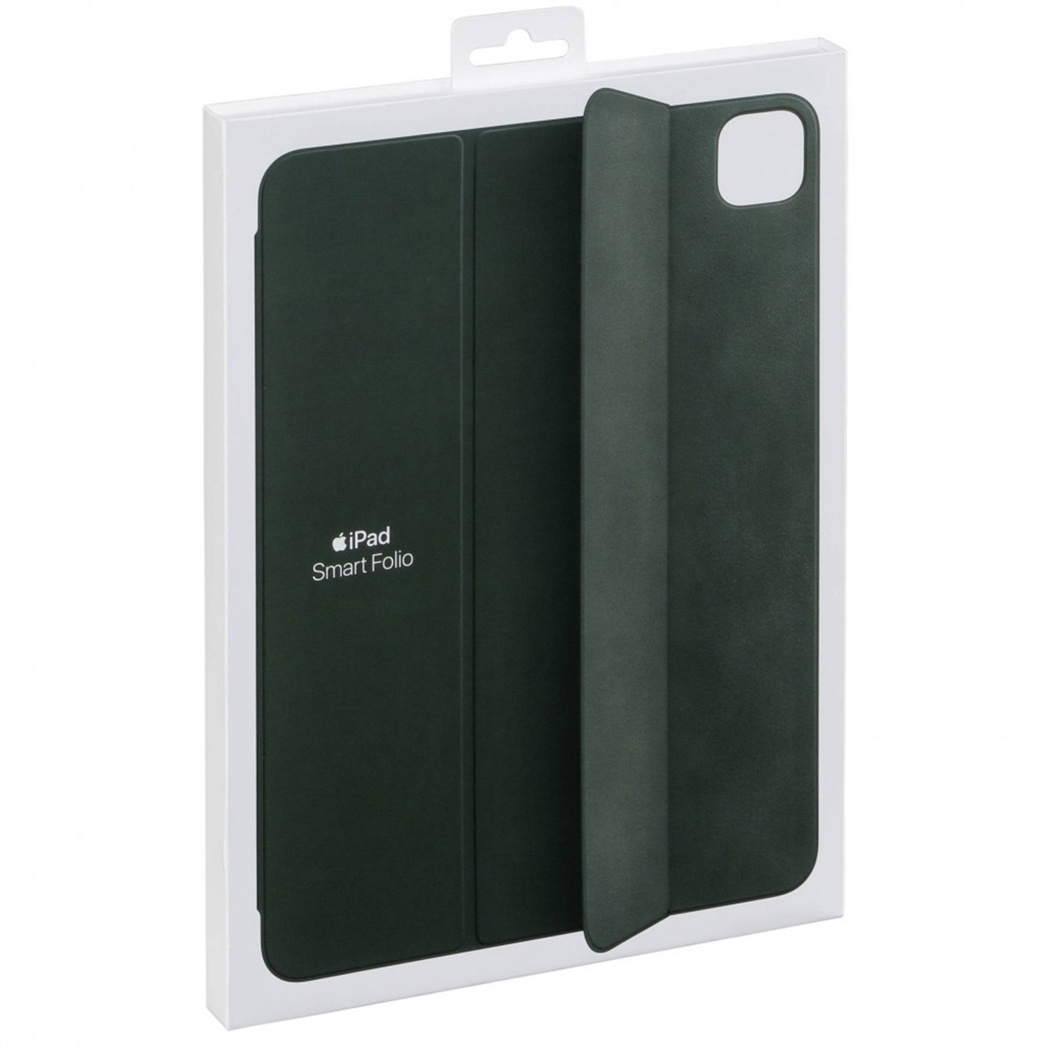 Dunkelgrüne iPad Smart Folio Hülle in weißer Verpackung.