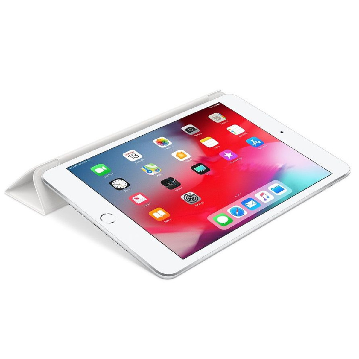 Ein weißes iPad mit einem weißen Gehäuse, das auf einer Seite geöffnet ist.