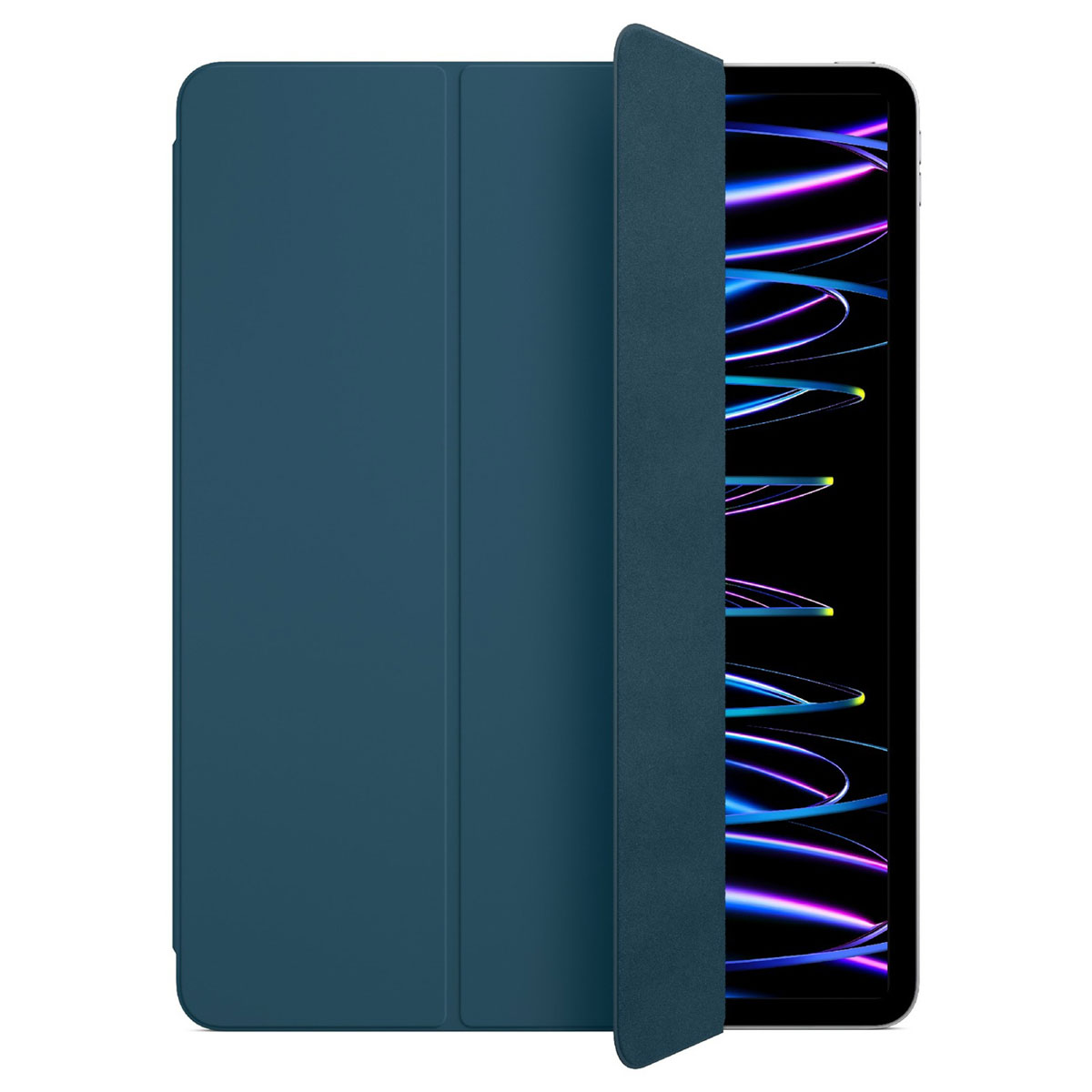 Un étui bleu pour tablette, écran partiellement ouvert, affichant un motif abstrait.