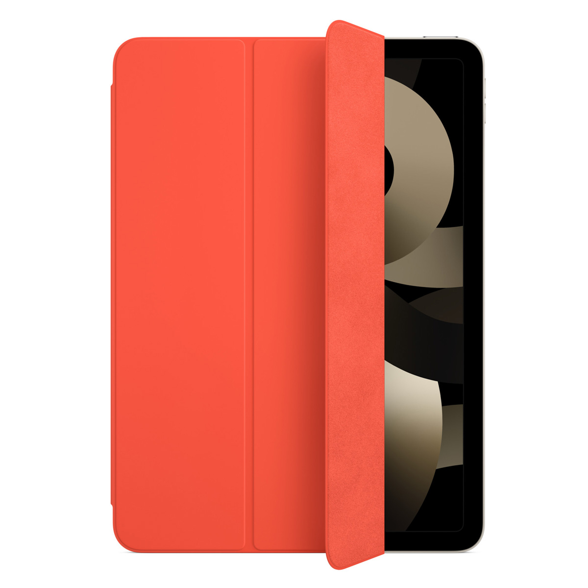 Ein orangefarbenes Tablet-Cover, das sich öffnet und ein Tablet mit dunklem Bildschirm zeigt.