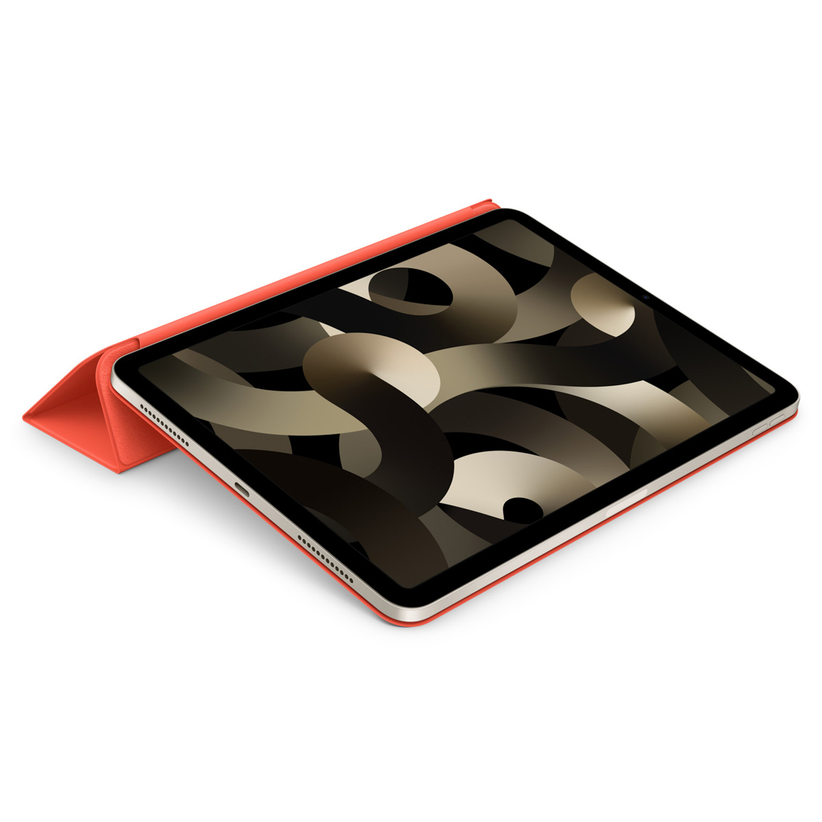 Ein iPad mit einem orangefarbenen Schutzumschlag und einem abstrakten Hintergrund.