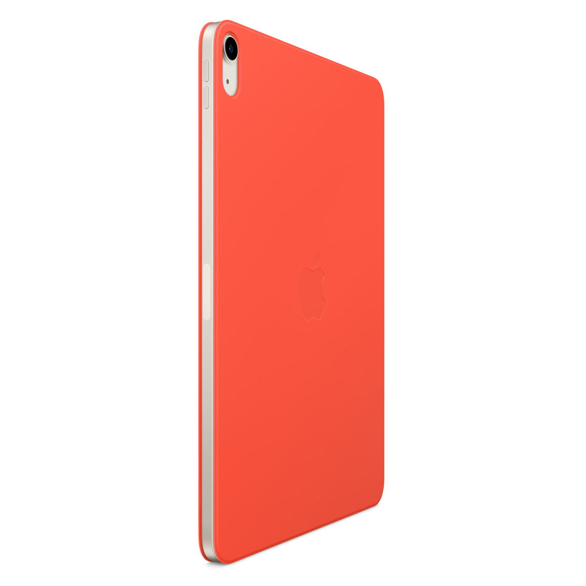 Rote Hülle auf einem silbernen Tablet mit Apple-Logo.