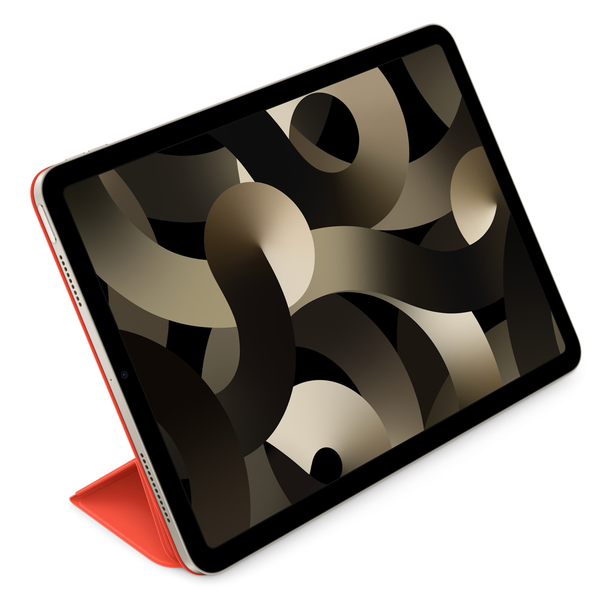 Ein rotes iPad mit abstraktem Hintergrund auf dem Bildschirm, das auf einem weißen Hintergrund steht.
