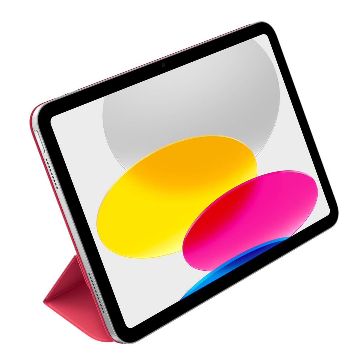 Czerwony tablet z podstawką i kolorowymi kształtami na ekranie.