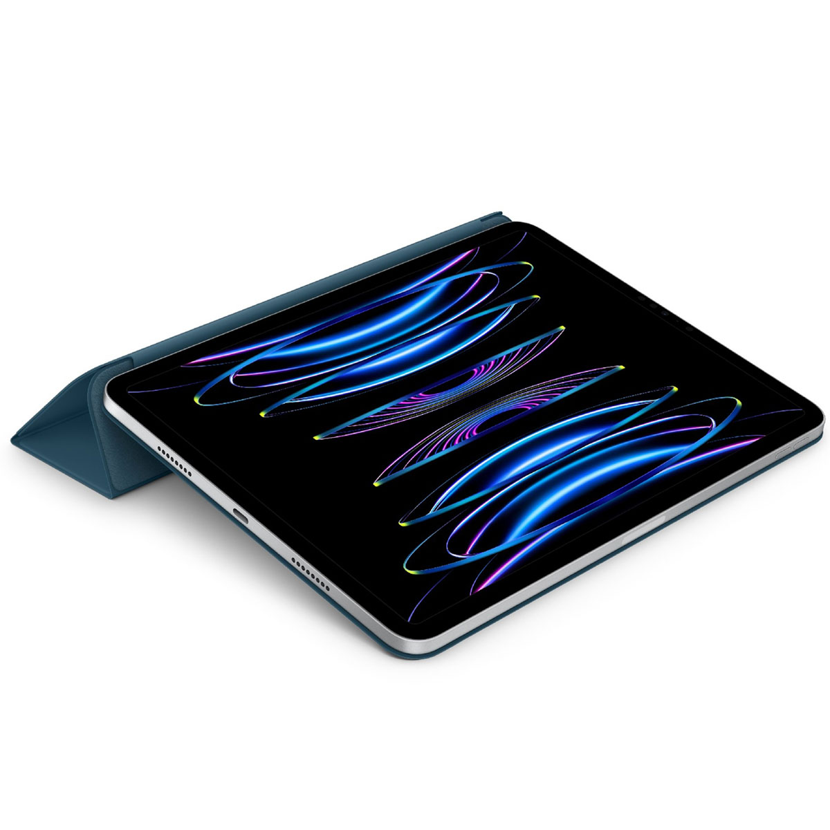 Ein Tablet in einer blauen Hülle, das einen bunten Lichteffekt auf dem Bildschirm zeigt.