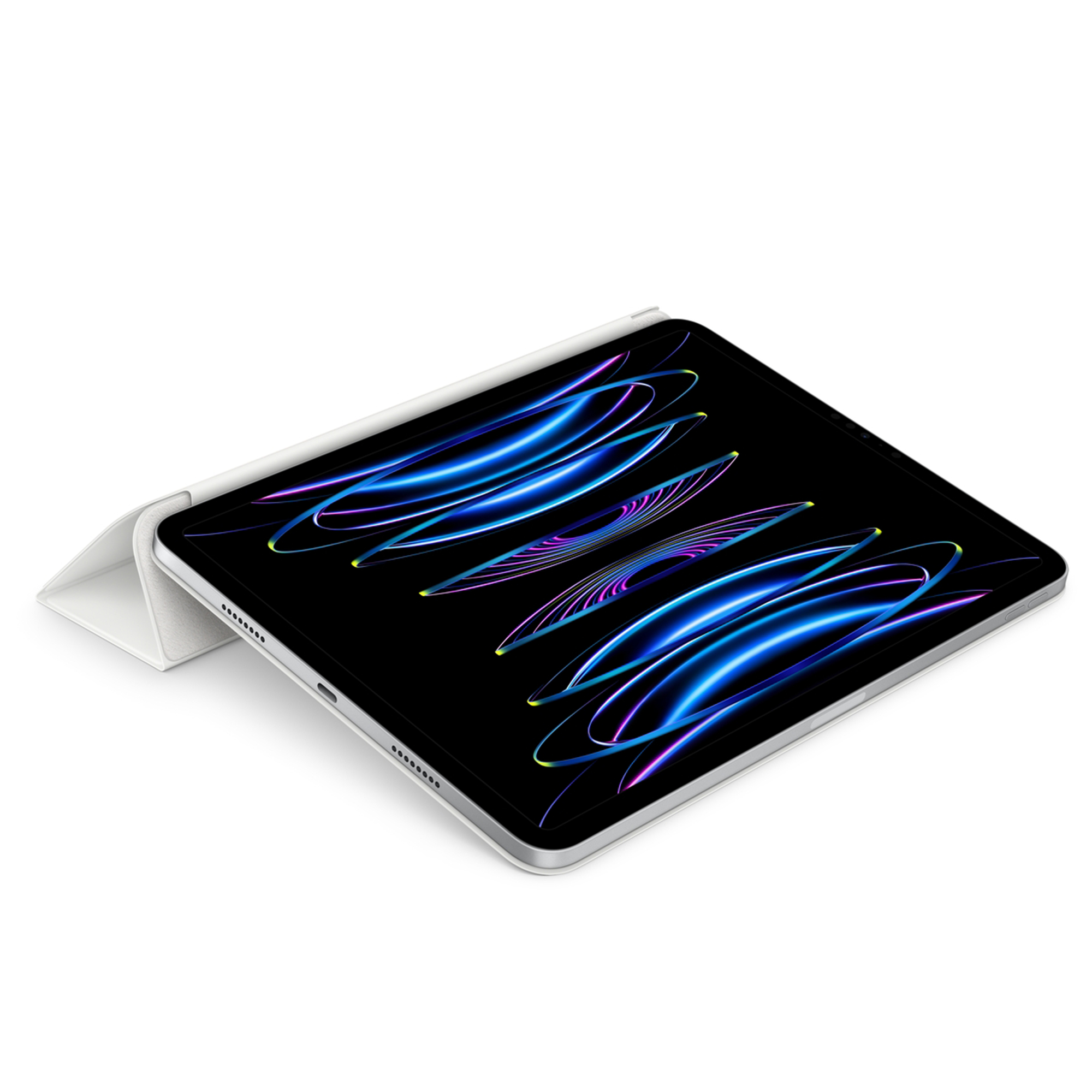 Ein Tablet mit weißem Bezug im Querformat, das einen bunten, abstrakten Hintergrund anzeigt.
