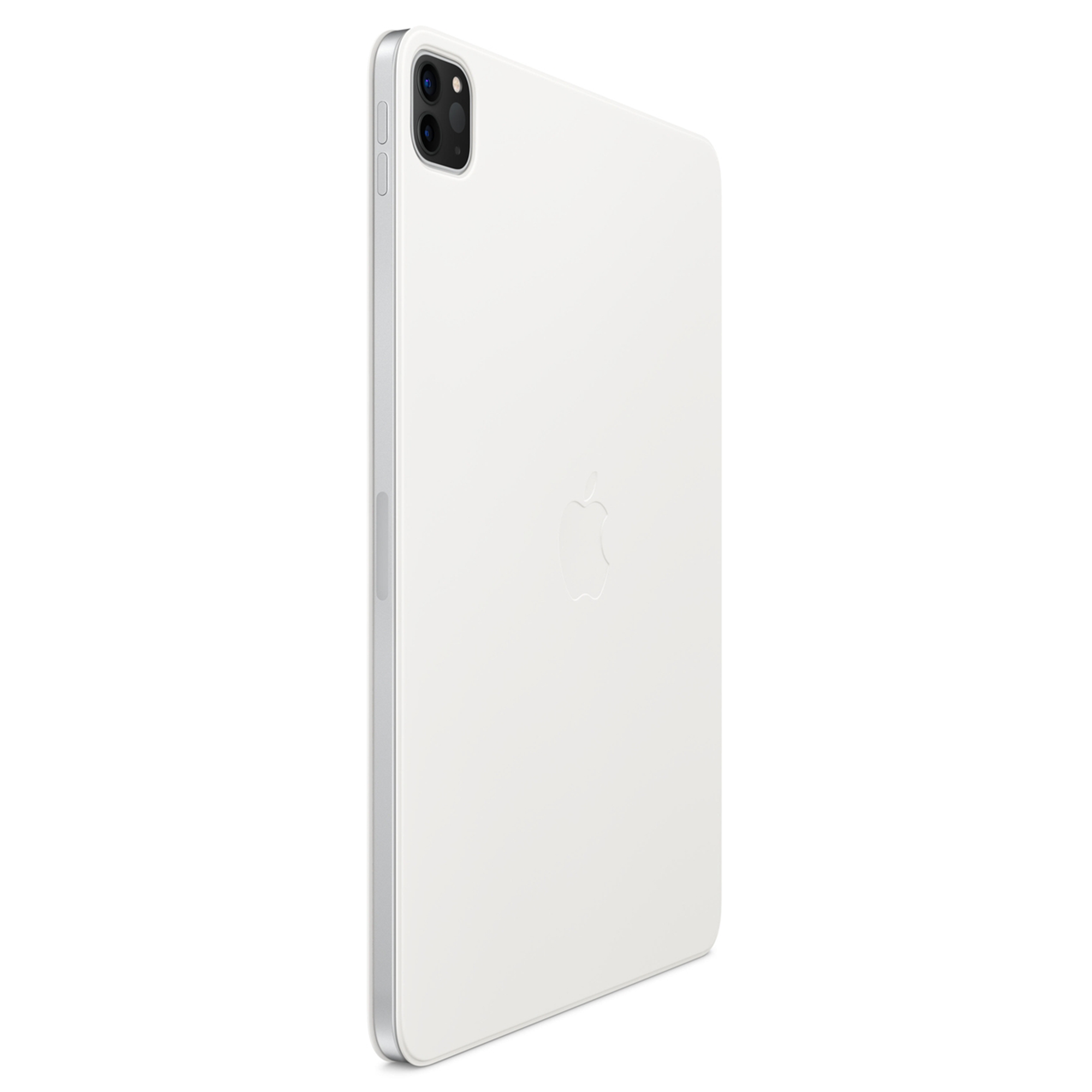 Rückseite eines weißen iPads mit Apple-Logo und Kamera-Array.