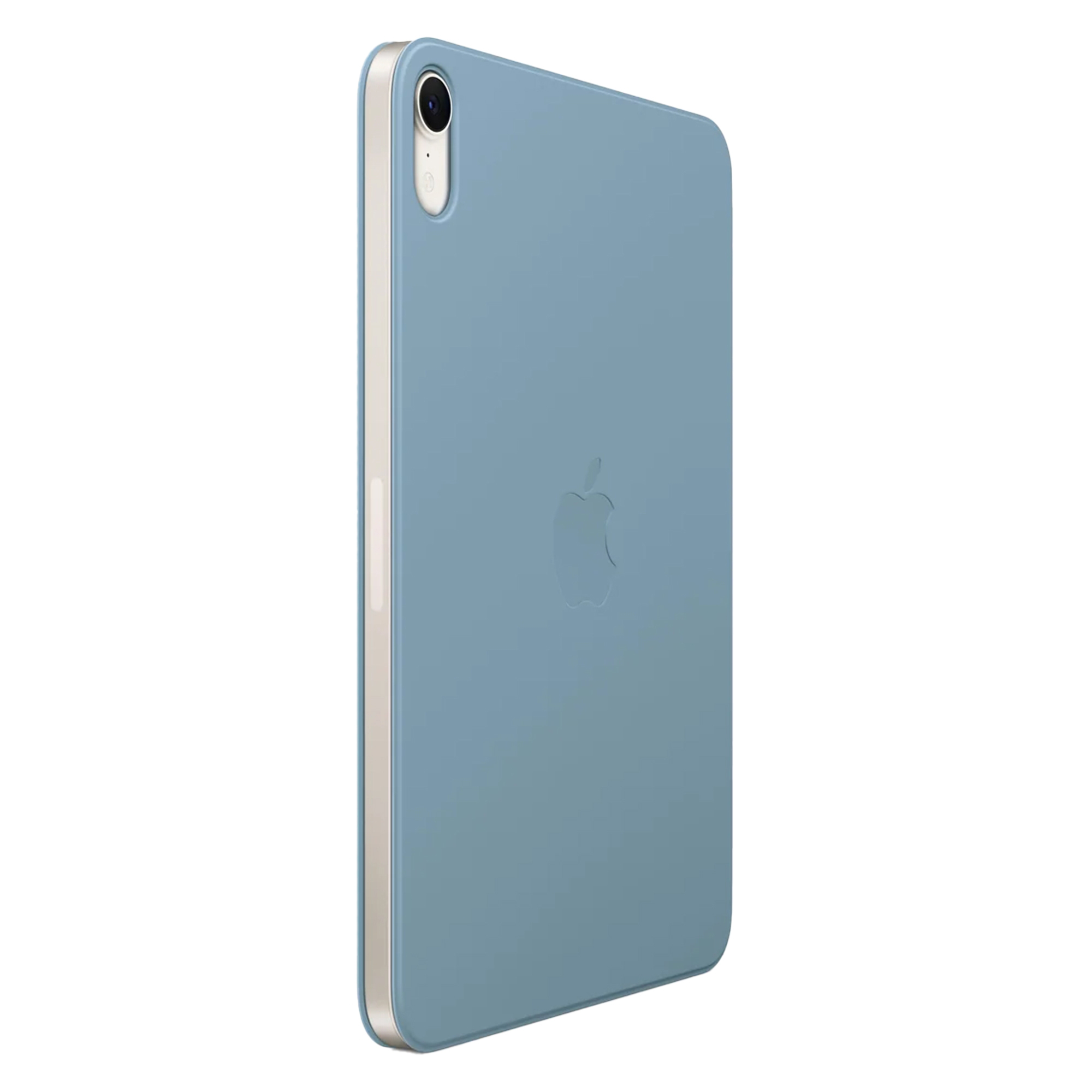 Un tablet blu con bordo argentato e logo Apple sul retro.