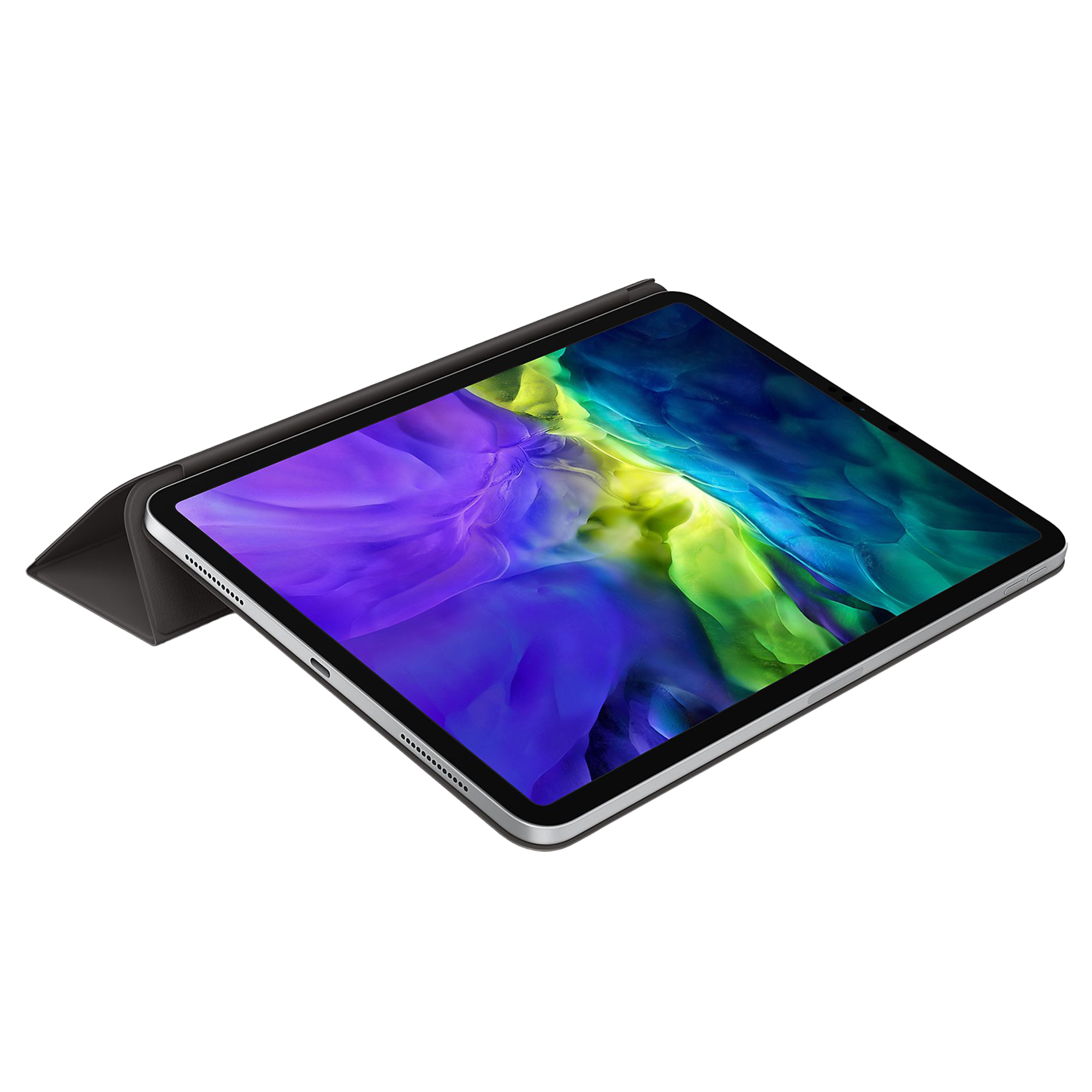 Ein Tablet mit dunklem Gehäuse und einem bunten Hintergrundbild.