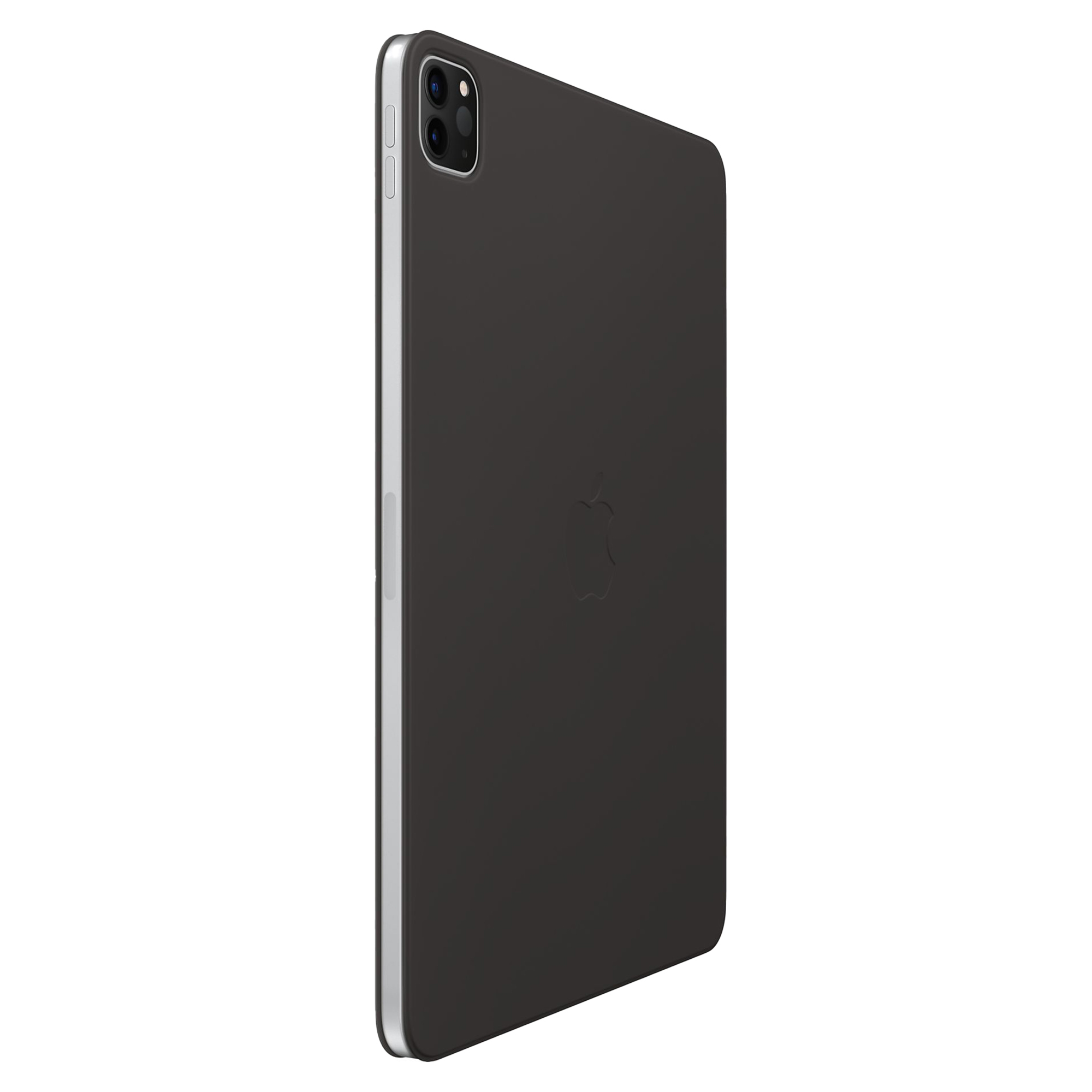 Dunkelgraues Tablet mit zwei Kameras auf der Rückseite und einem Apple-Logo.