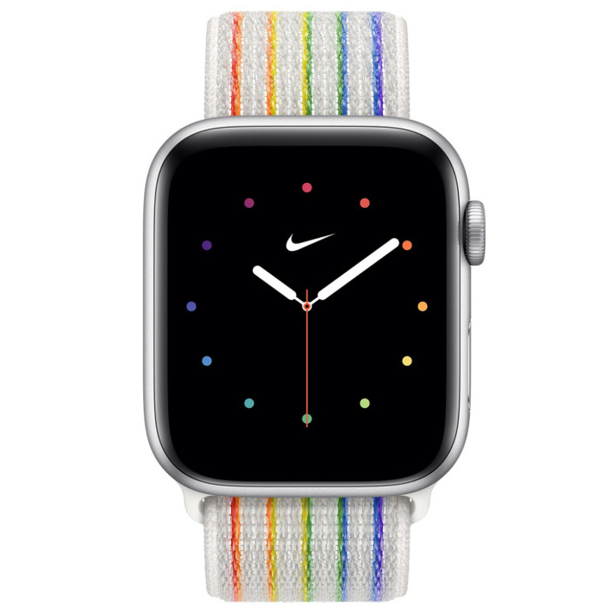 Zilveren smartwatch met regenboog gestreepte band en zwart wijzerplaat.
