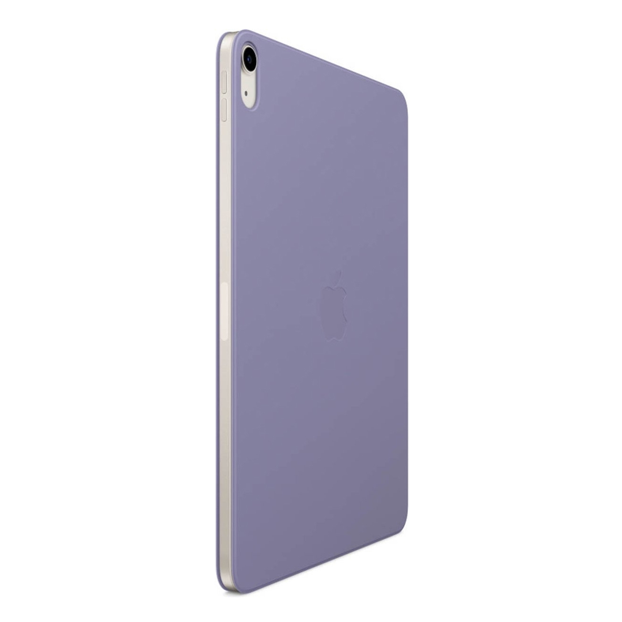 Ein lila iPad mit Apple-Logo, Seitenansicht.