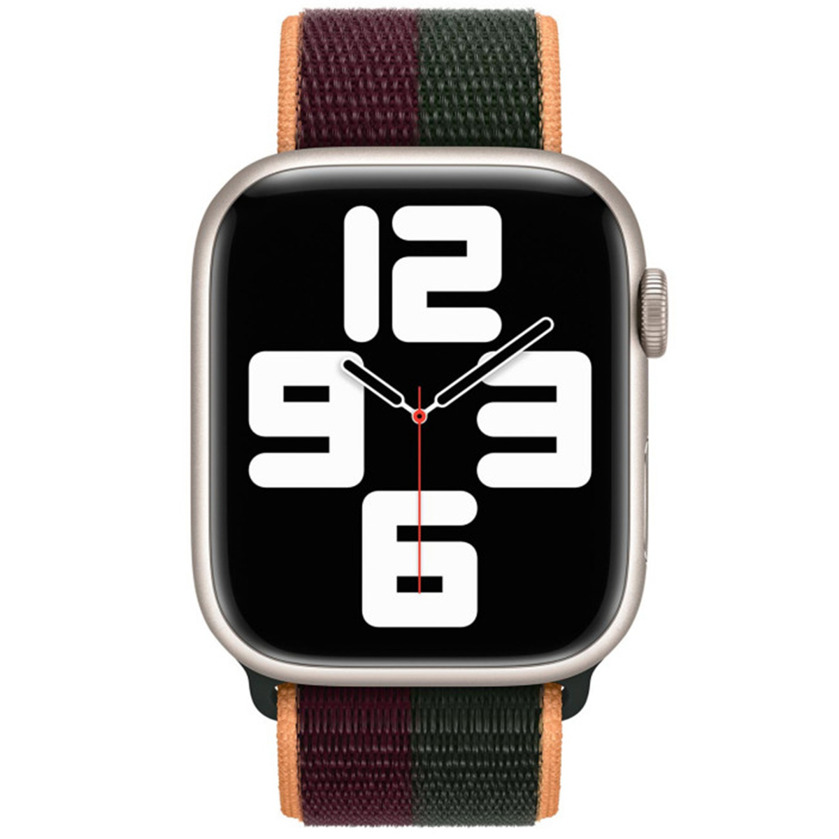 Een zilveren smartwatch met zwart scherm en gestreept bandje.