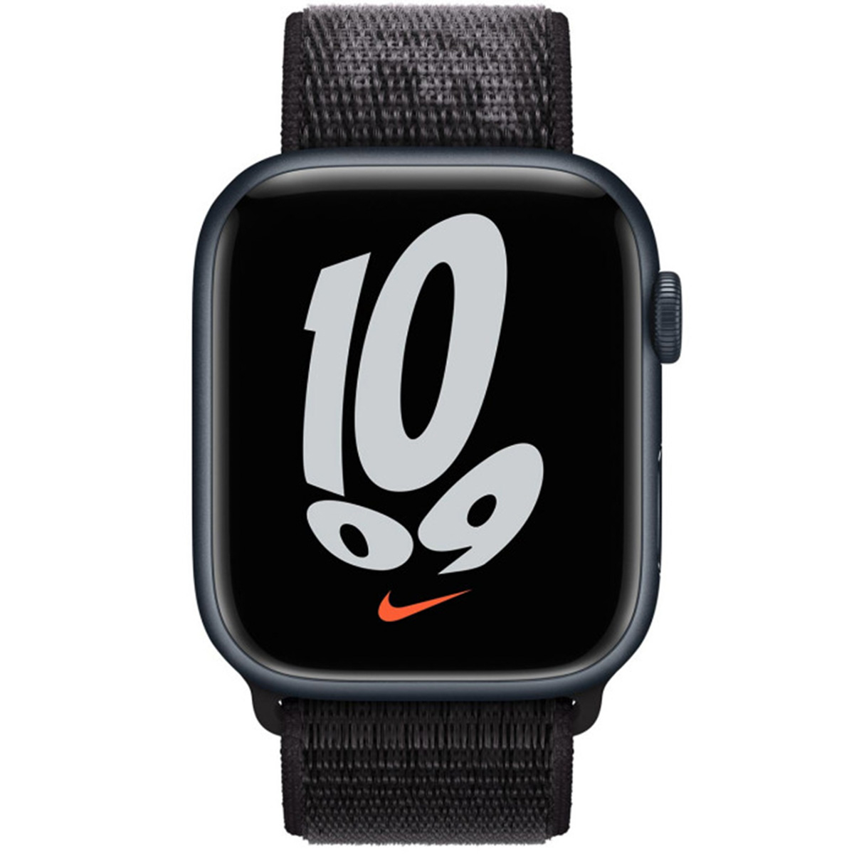 Une Apple Watch sombre avec bracelet noir affiche 10h09.