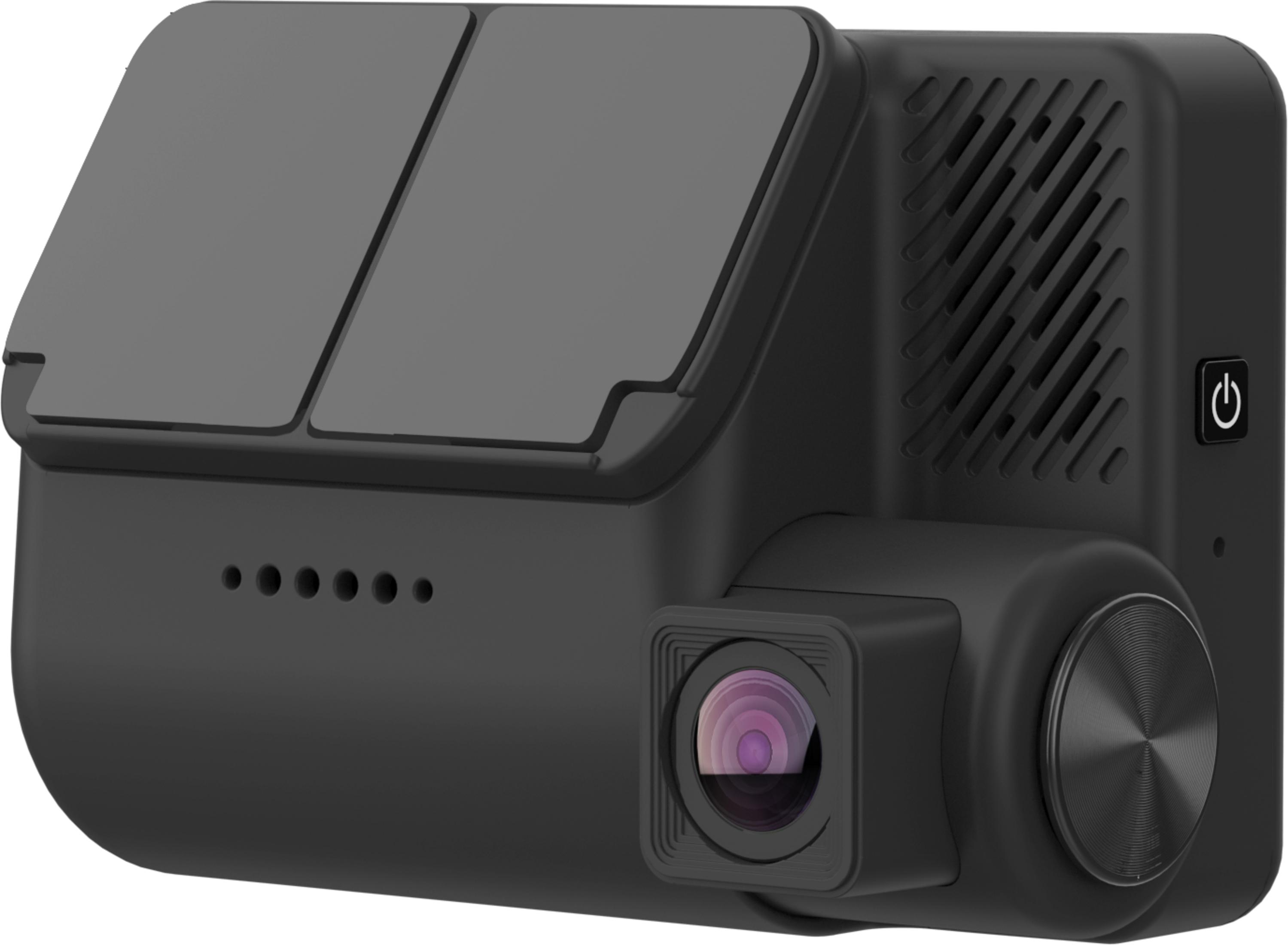 Ein schwarzer Dashcam mit Linse, Lüftungsschlitzen und Power-Taste.