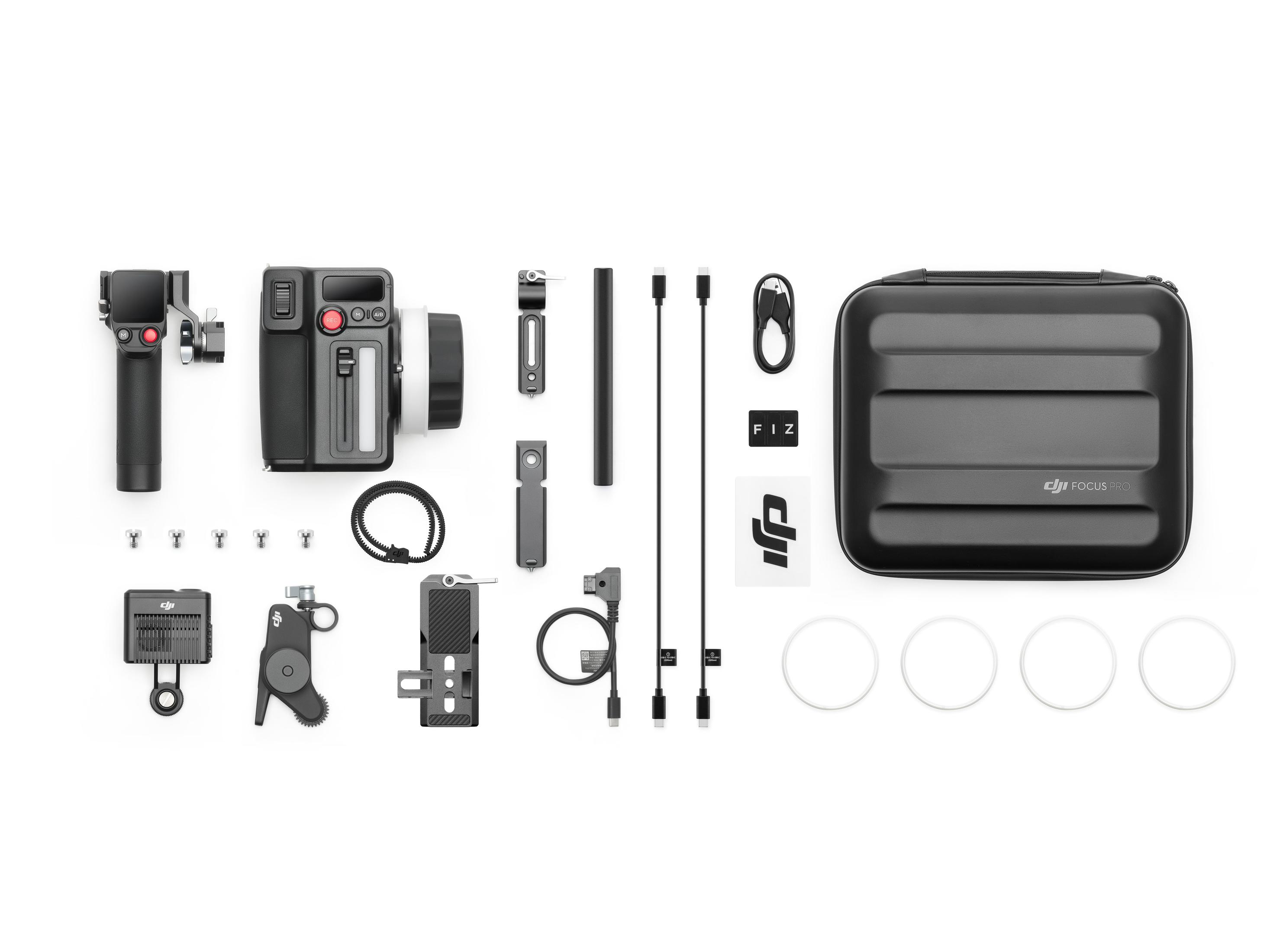 DJI Focus Pro Zubehör: Kamera-Gimbal, Griff, Case, Kabel, Schrauben, Ring.
