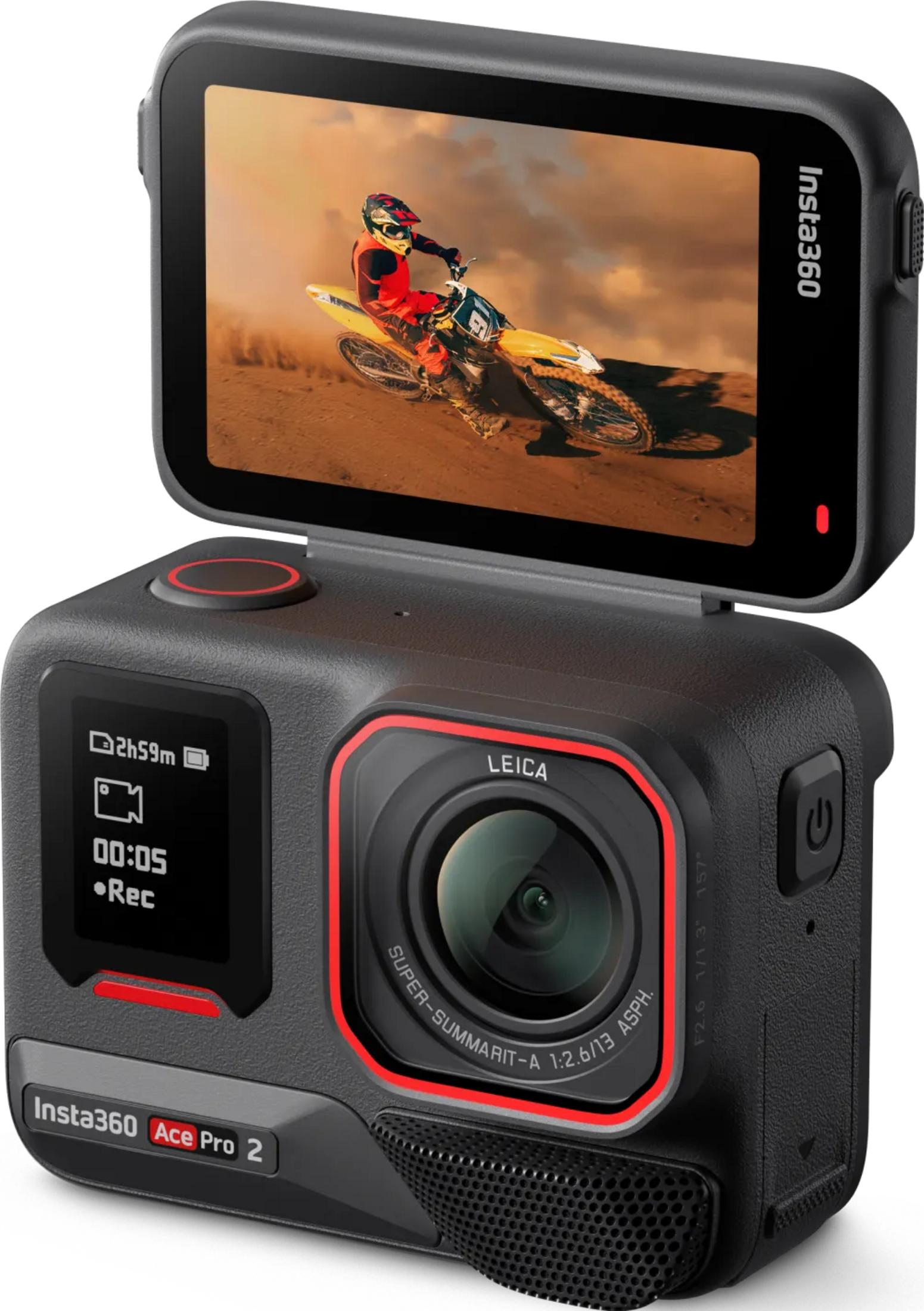 Leica lensli aksiyon kamerası ekranında motokros sürücüsü gösteriyor.