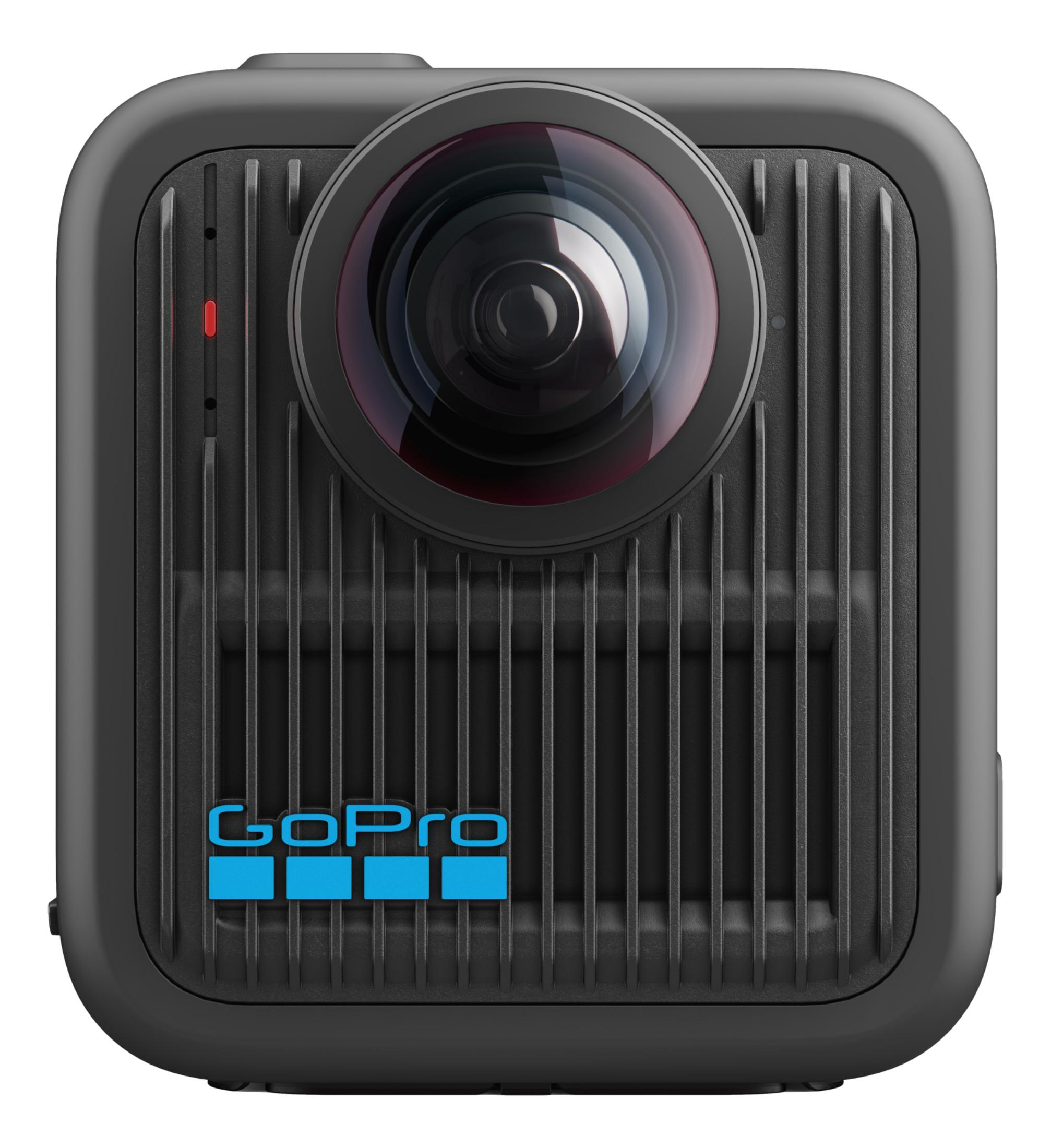 Eine schwarze GoPro-Kamera mit einer Linse und vertikalen Rillen.