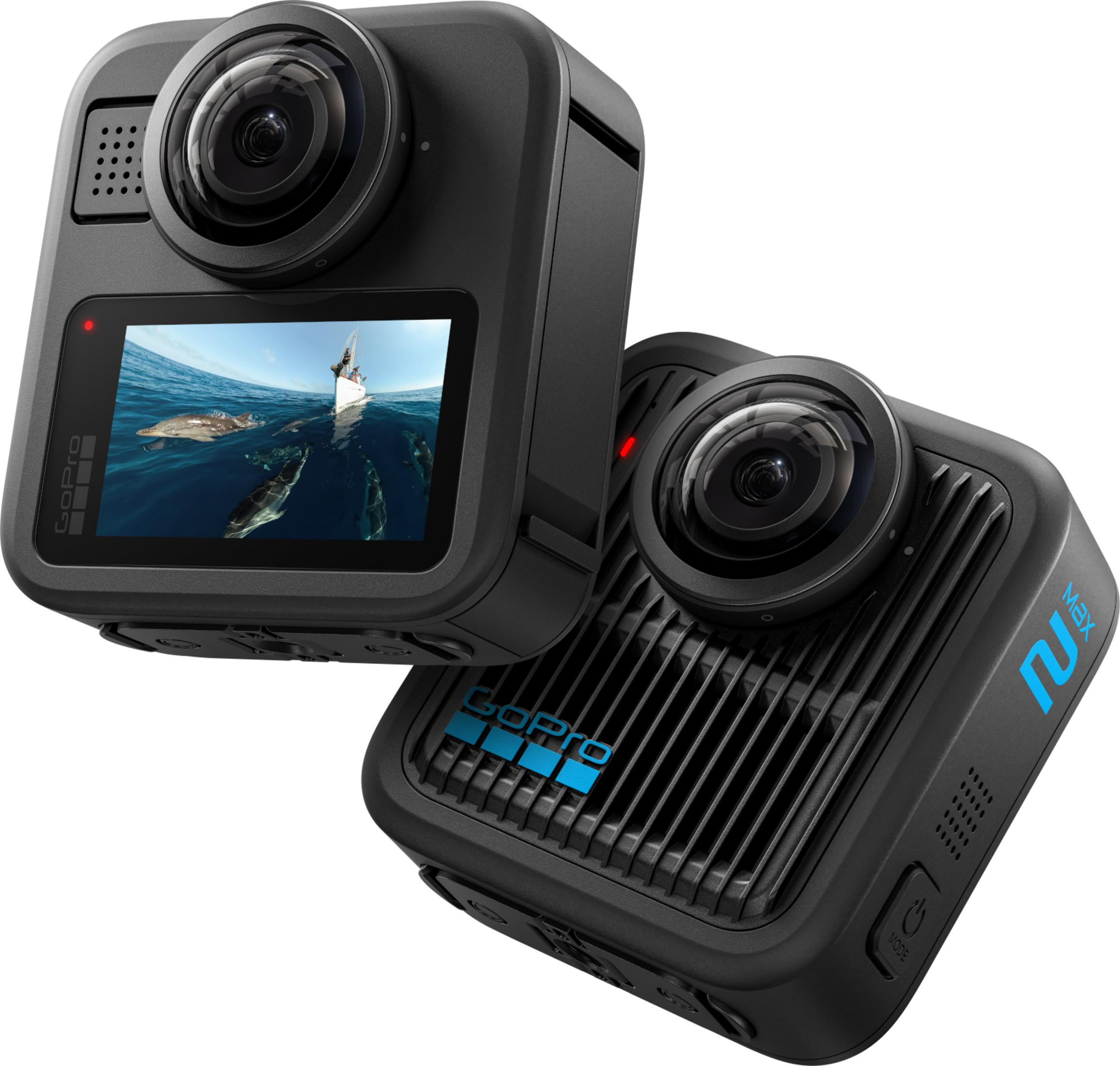 Zwei schwarze GoPro Max Kameras mit Fischaugenobjektiven auf weißem Hintergrund.