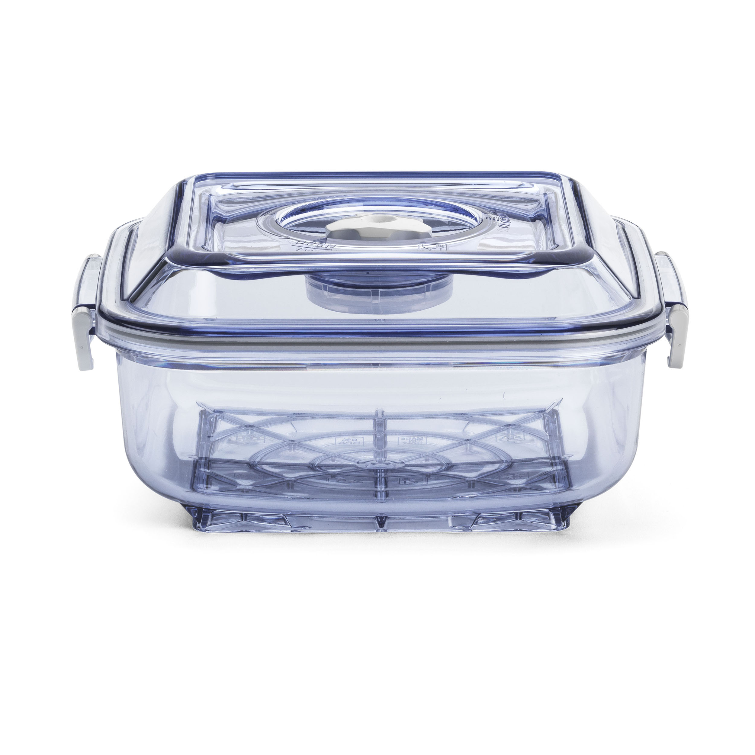 Un contenitore quadrato, trasparente, blu per alimenti con una valvola sul coperchio.