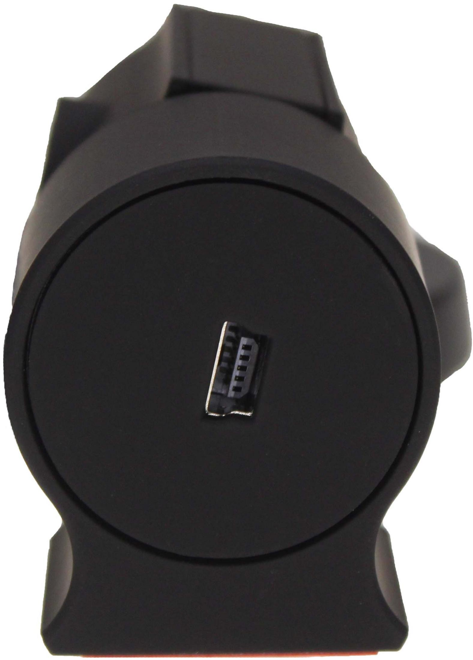 Schwarzes Objekt mit einem silbernen USB-Anschluss auf der Vorderseite.