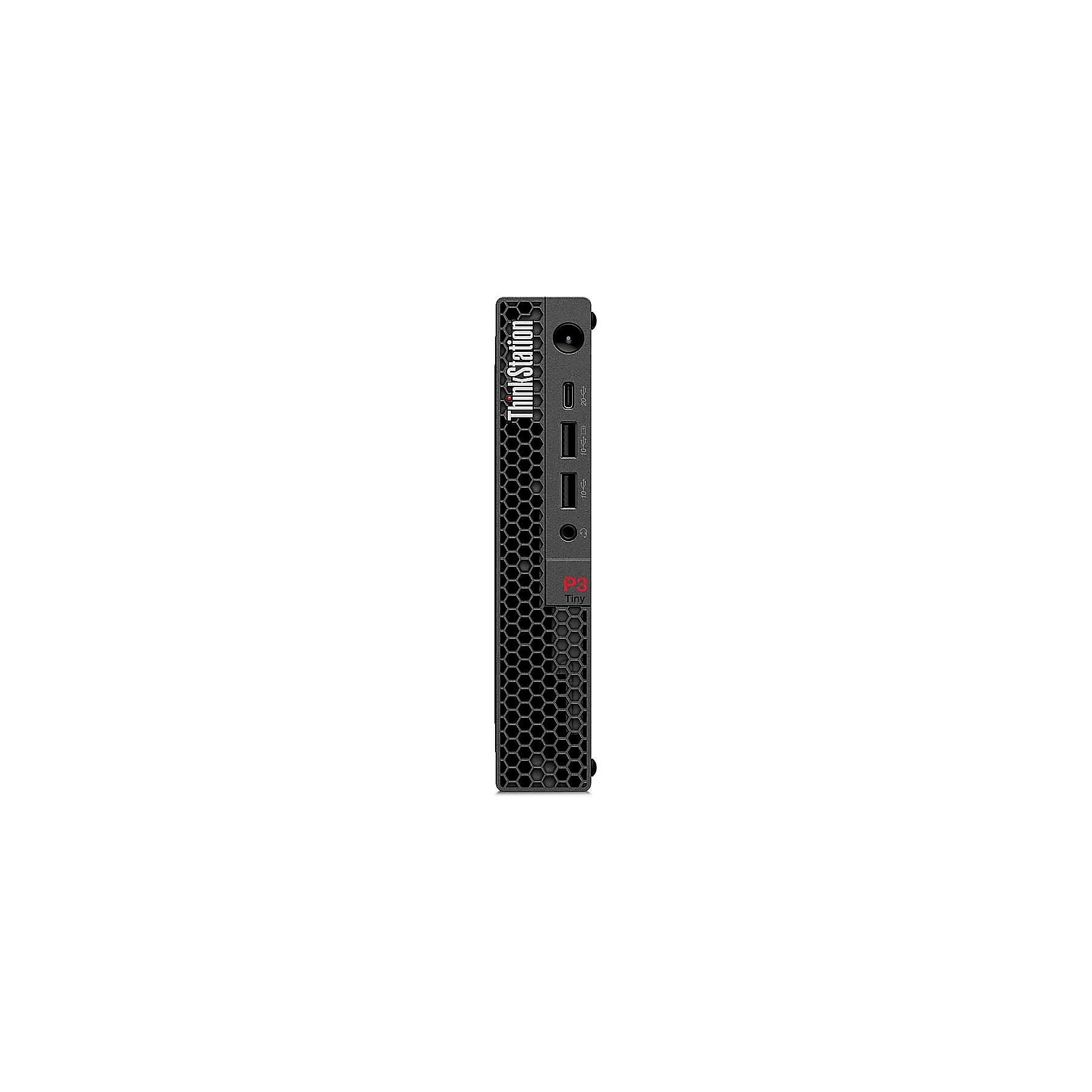 Computer compatto nero Lenovo ThinkStation P3 Tiny con griglia a nido d'ape e porte.