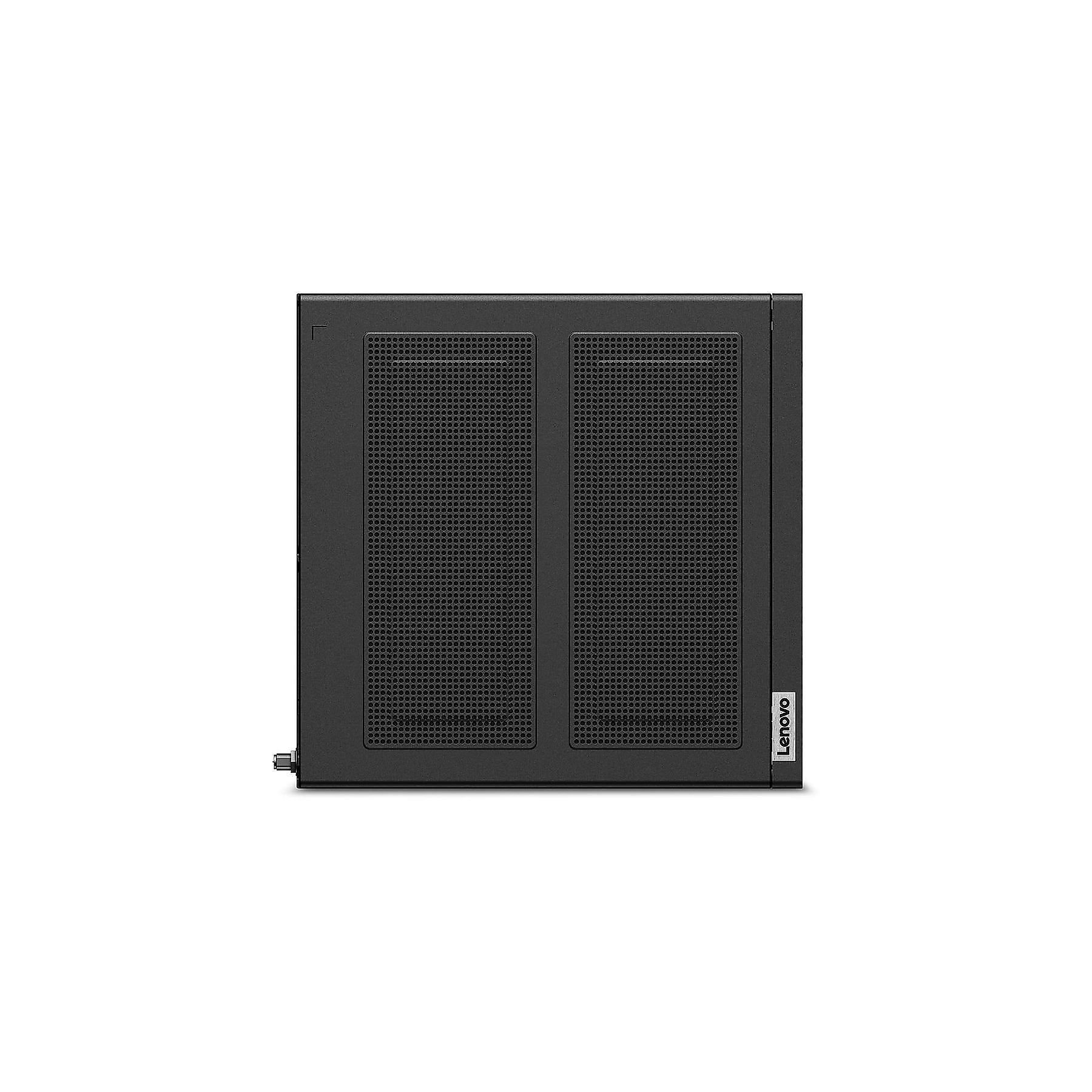 Case nero per mini PC Lenovo con griglia di ventilazione e logo.