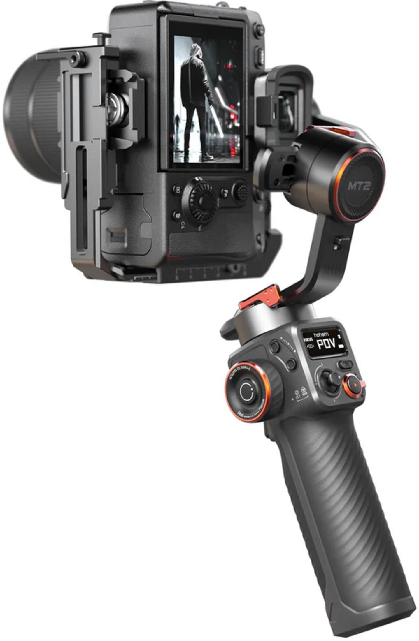 Gimbal de caméra noir et gris avec un écran affichant une personne.