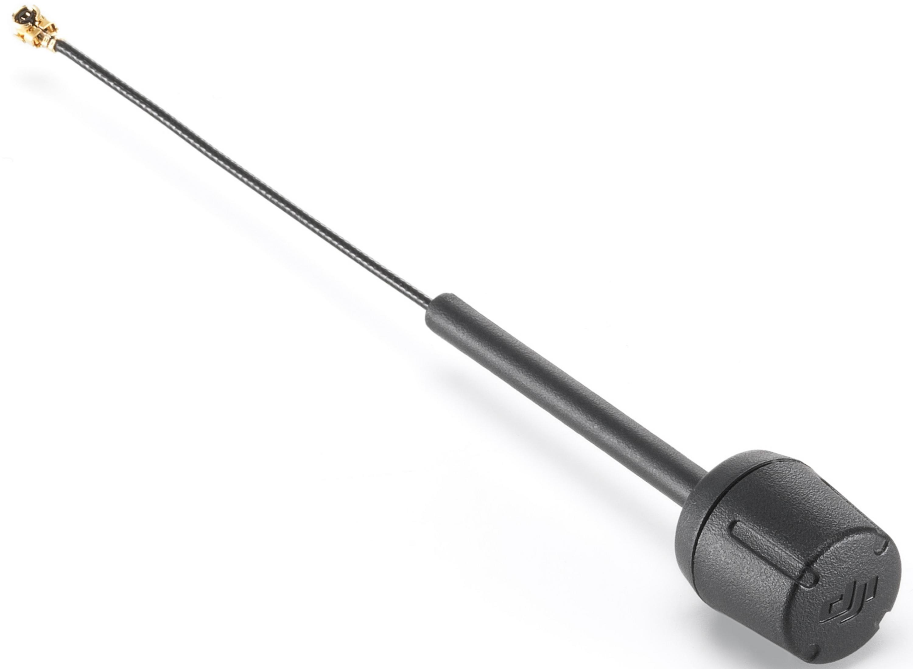 Un cavo antenna nero con connettore dorato e impugnatura nera.