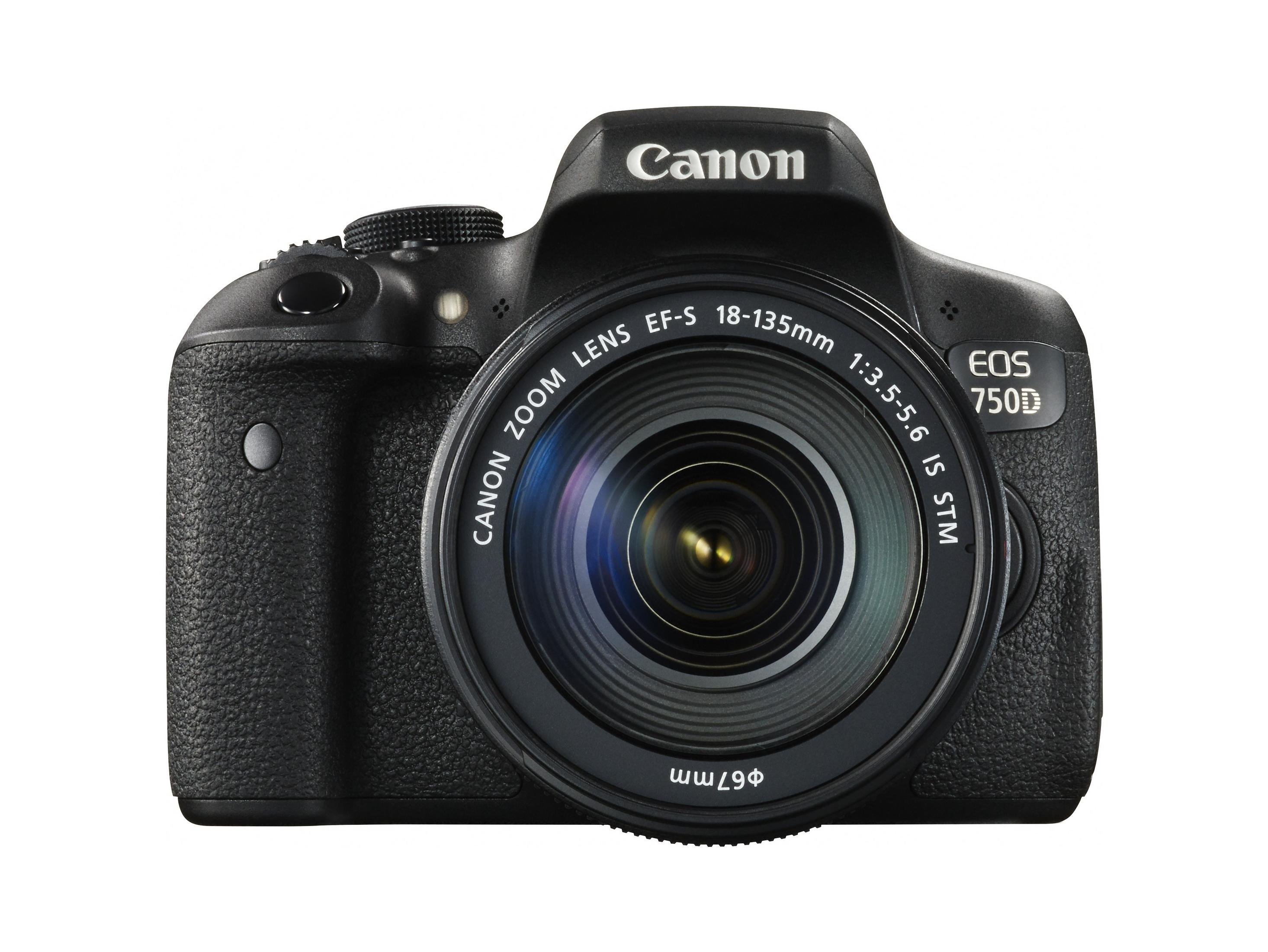 Eine schwarze Canon EOS 750D Digitalkamera mit einem 18-135mm Objektiv.
