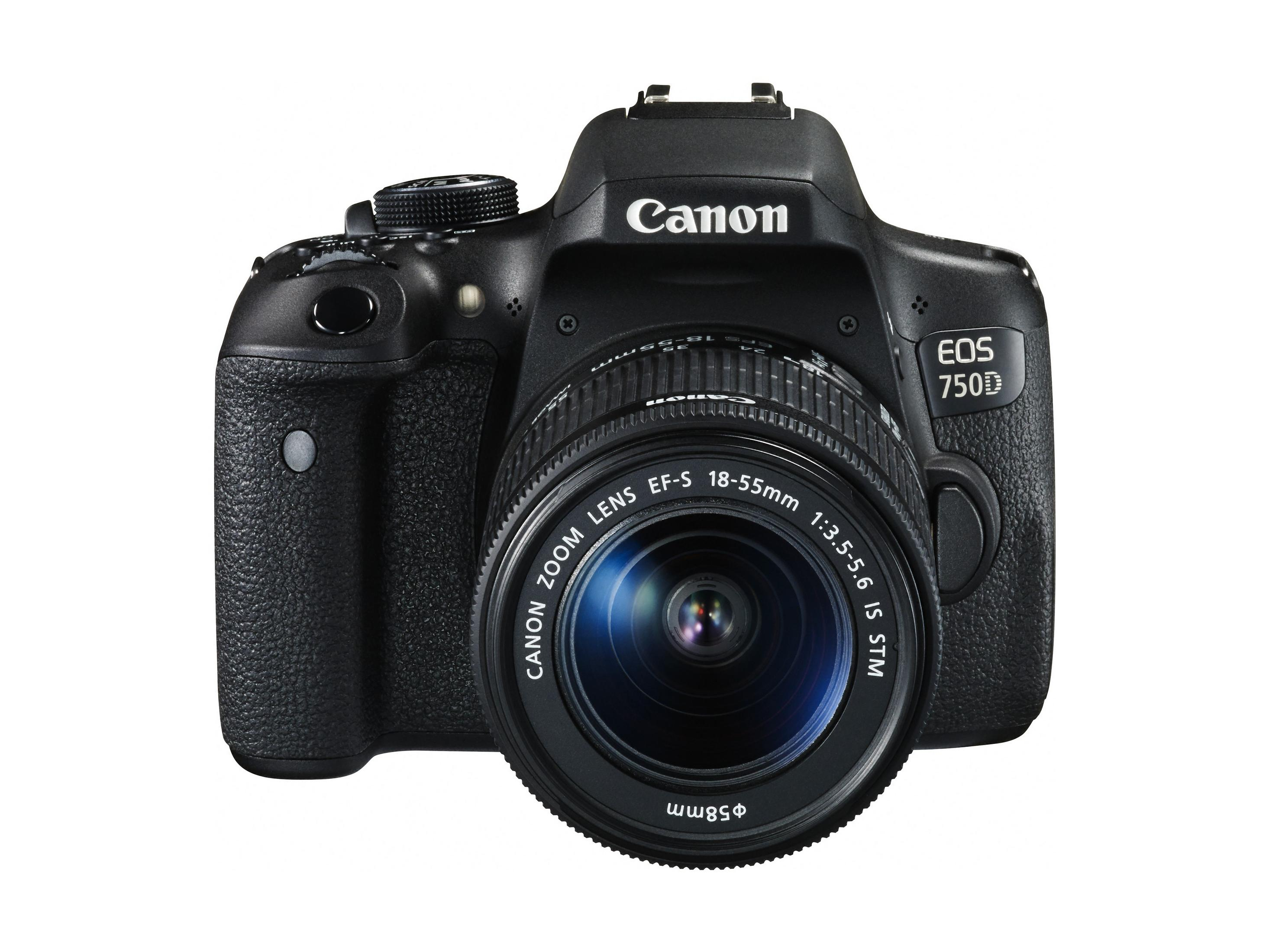 Eine schwarze Canon EOS 750D Digitalkamera mit einem 18-55mm Objektiv.