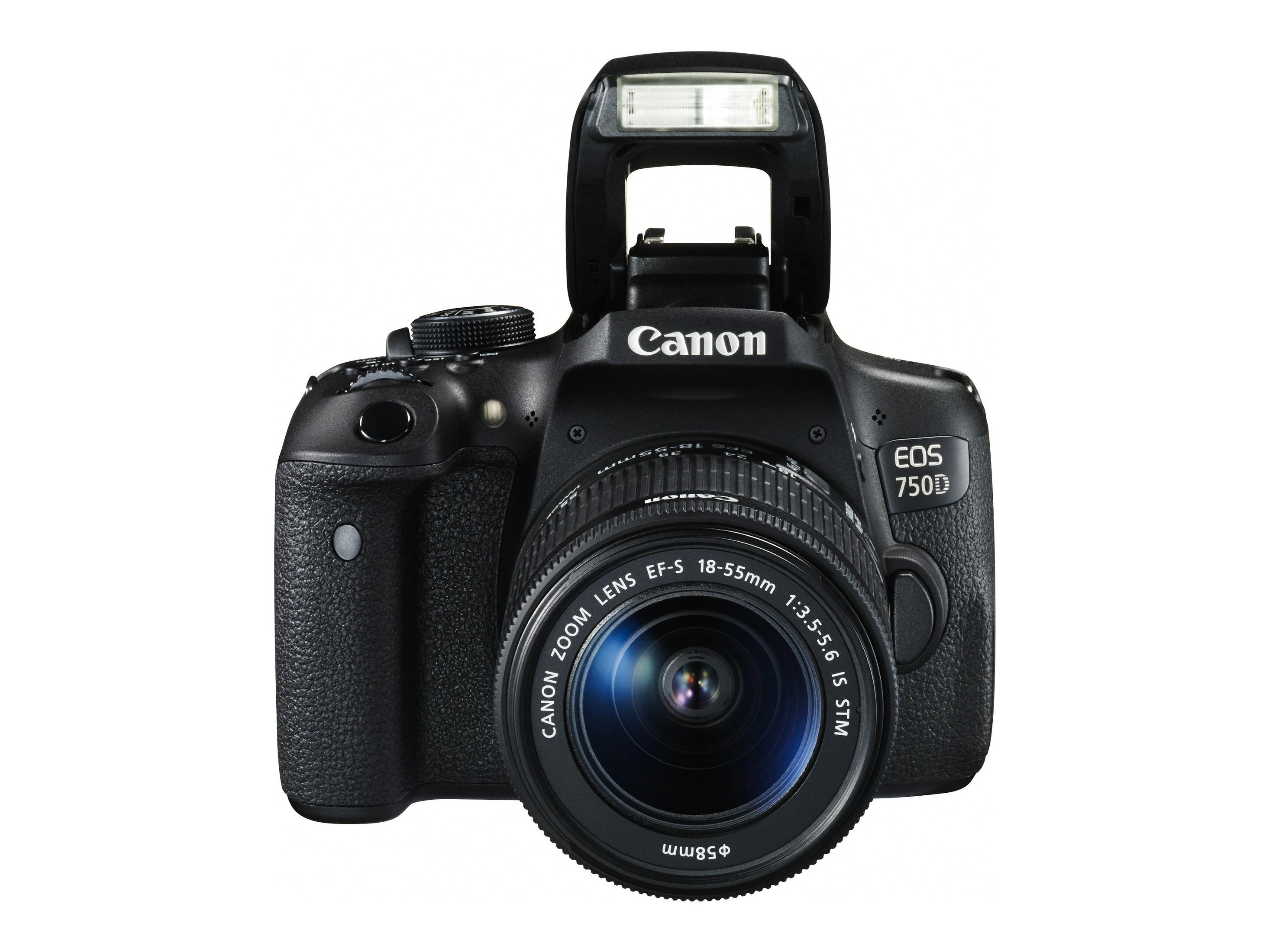 Schwarze Canon EOS 750D Kamera mit ausklappbarem Blitz und EF-S 18-55mm Objektiv.