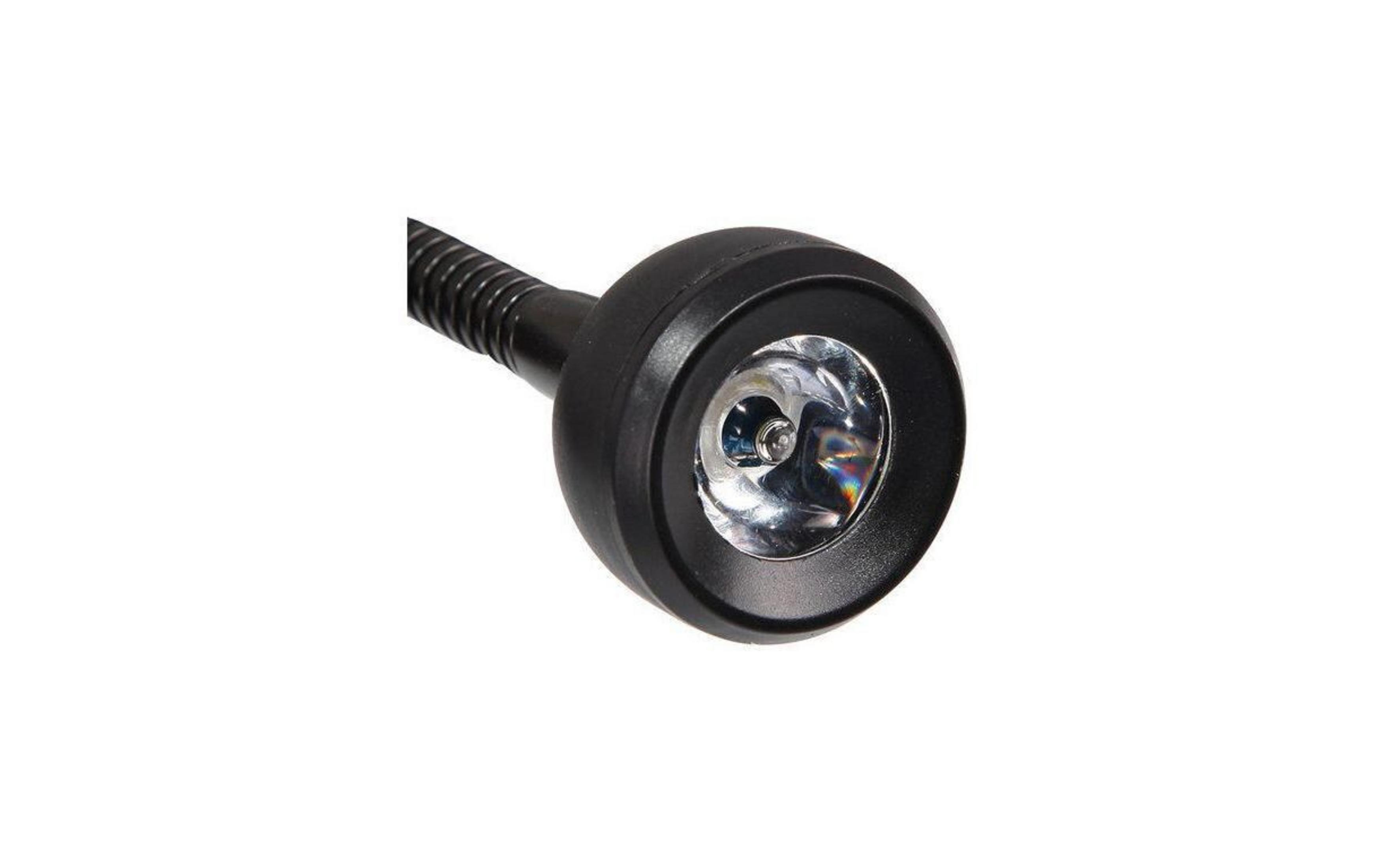 Primo piano di una lampada LED nera con collo d'oca flessibile su sfondo bianco.
