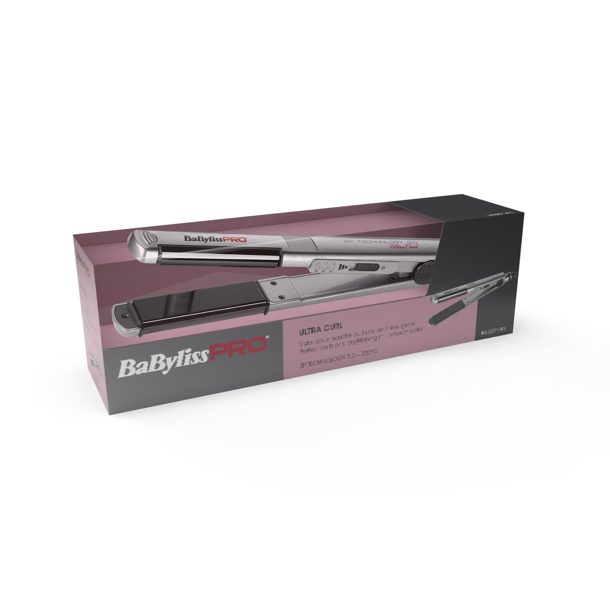 Un arricciacapelli BaByliss PRO argentato nella sua confezione.