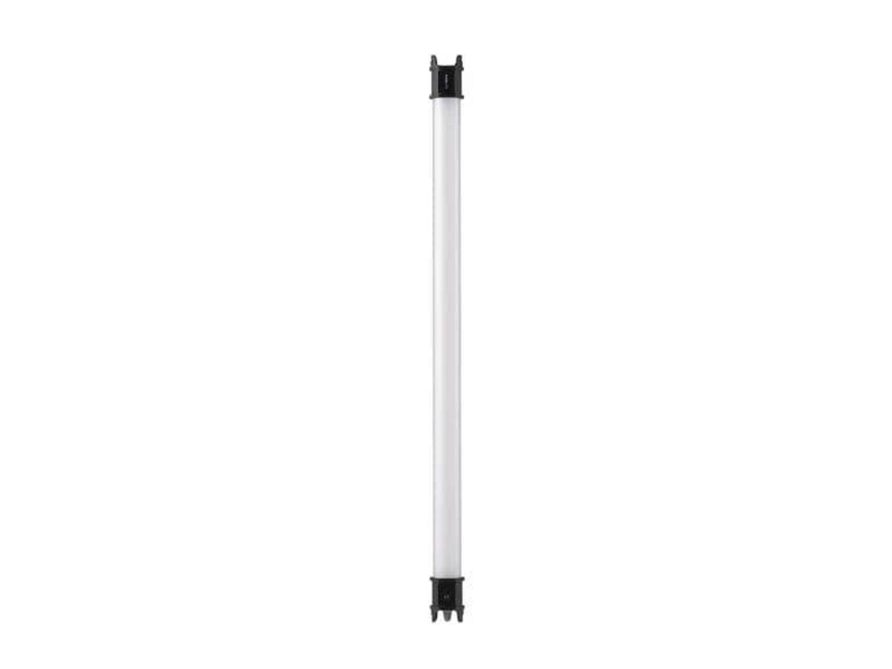 Een slanke, witte buis met zwarte dopjes, verticaal staand op witte achtergrond.