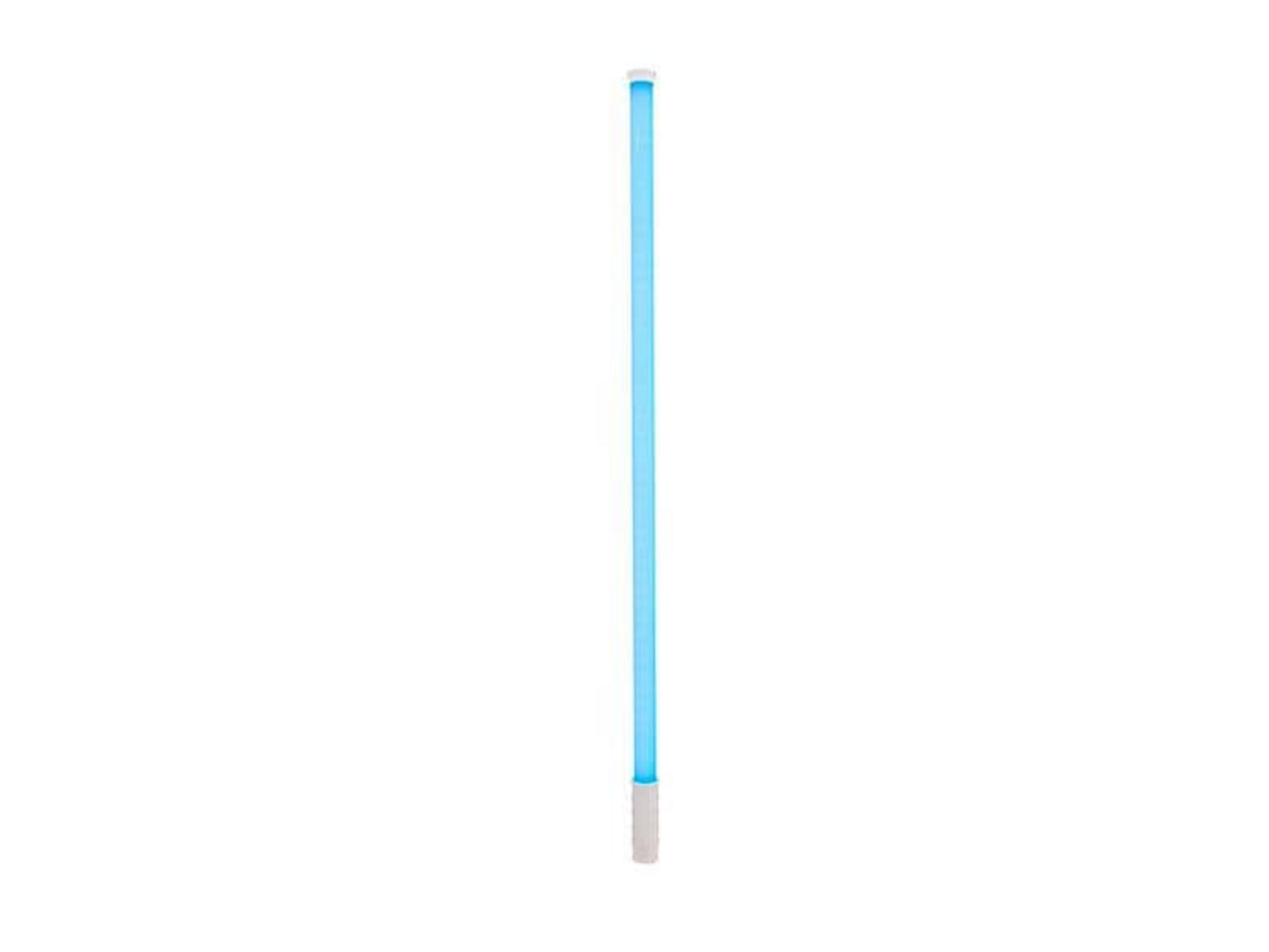 Een slanke, lichtblauwe staaf met een witte voet op een witte achtergrond.