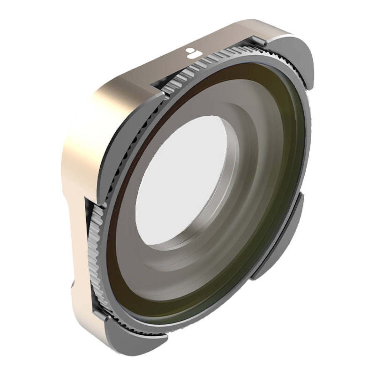 Un anello lente fotocamera dorato con denti neri e ottica in vetro.
