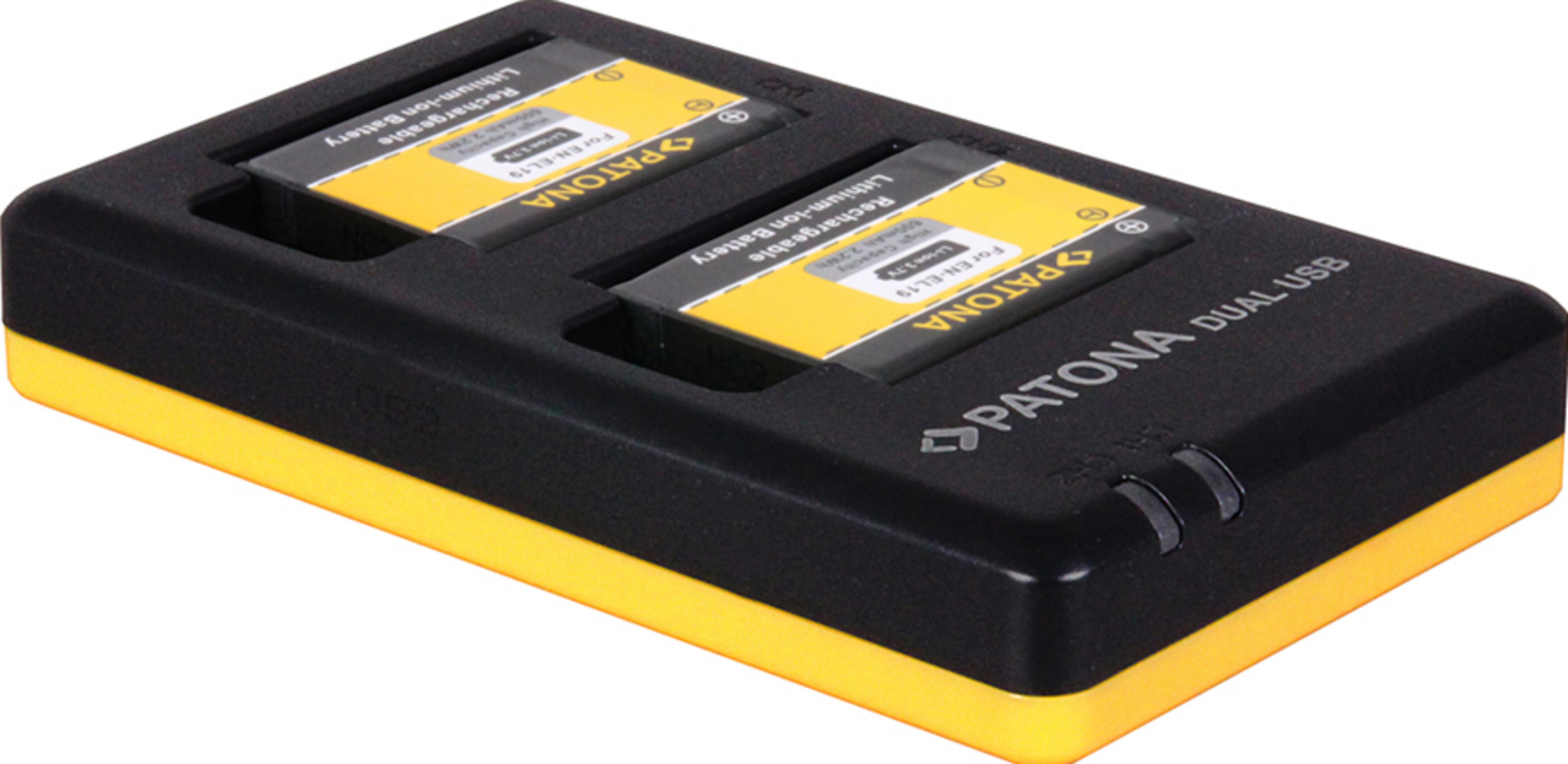 Un caricabatterie doppio nero e giallo con due batterie PATONA.