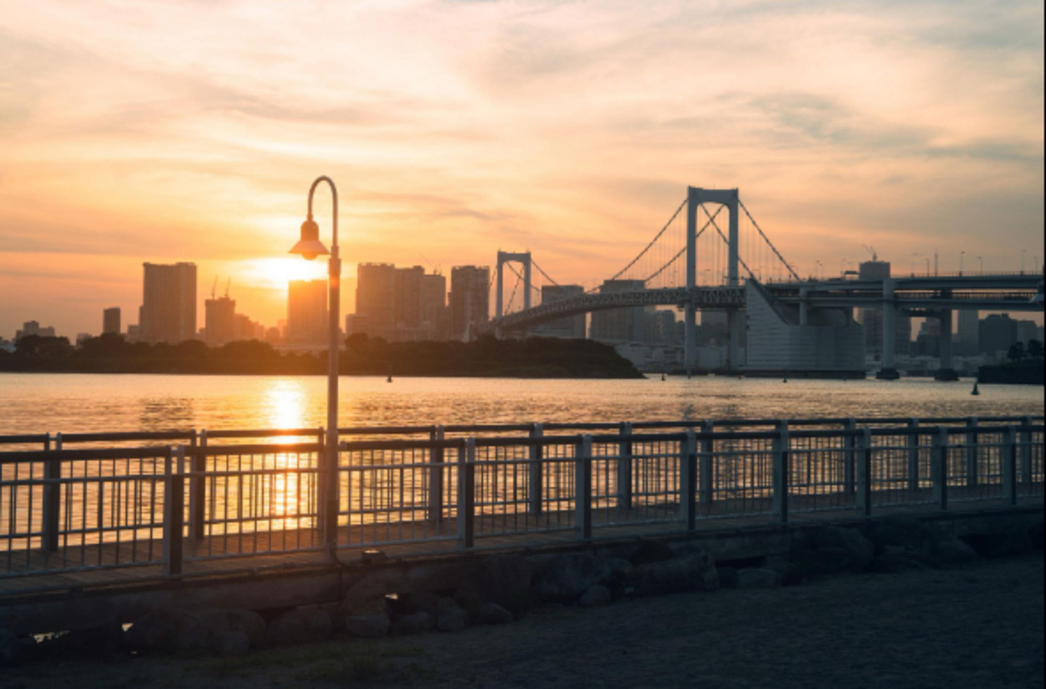 Eine Skyline mit Brücke bei Sonnenuntergang über dem Wasser.