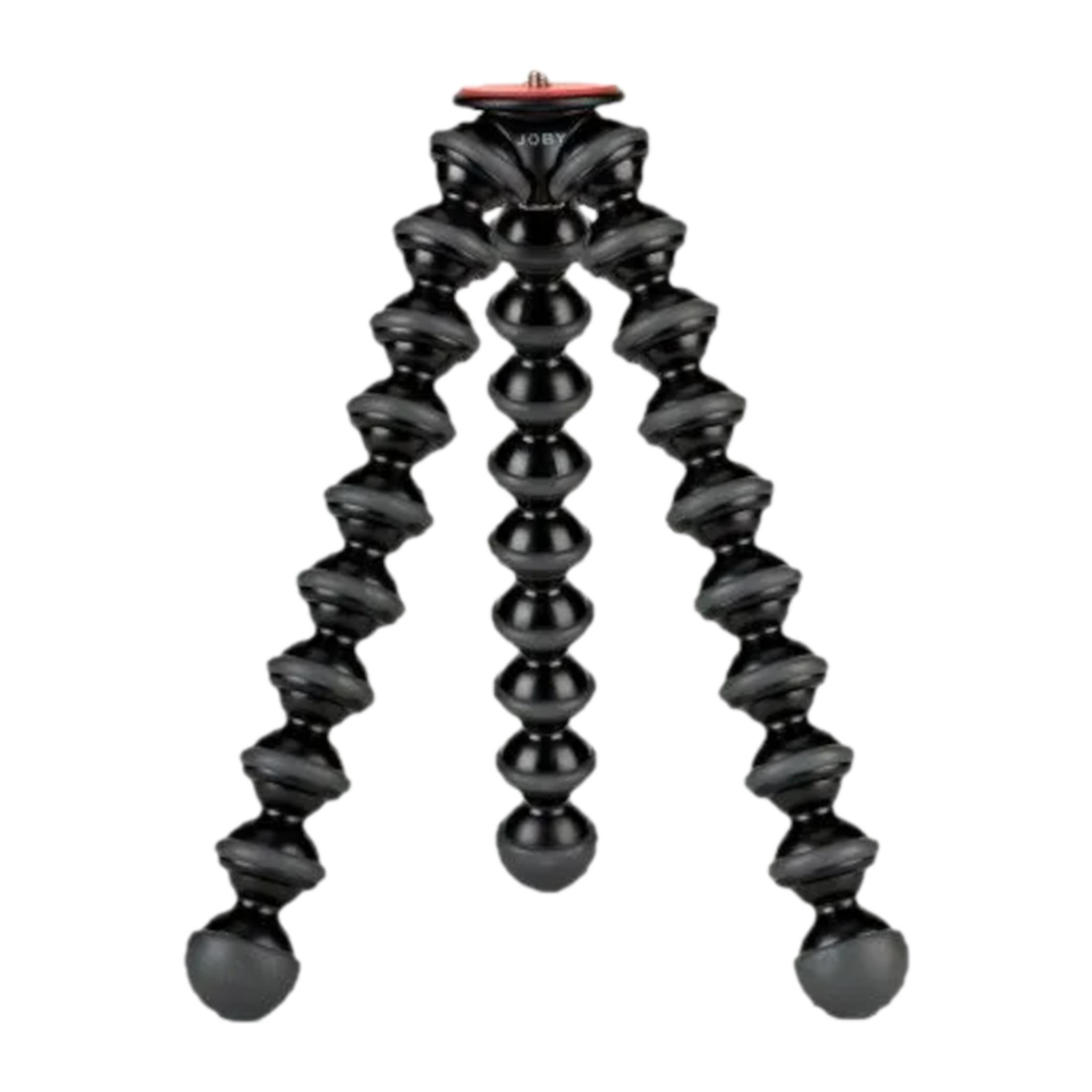 Ein schwarzer flexibler GorillaPod mit rotem Kopf. Steht auf drei biegsamen Beinen.