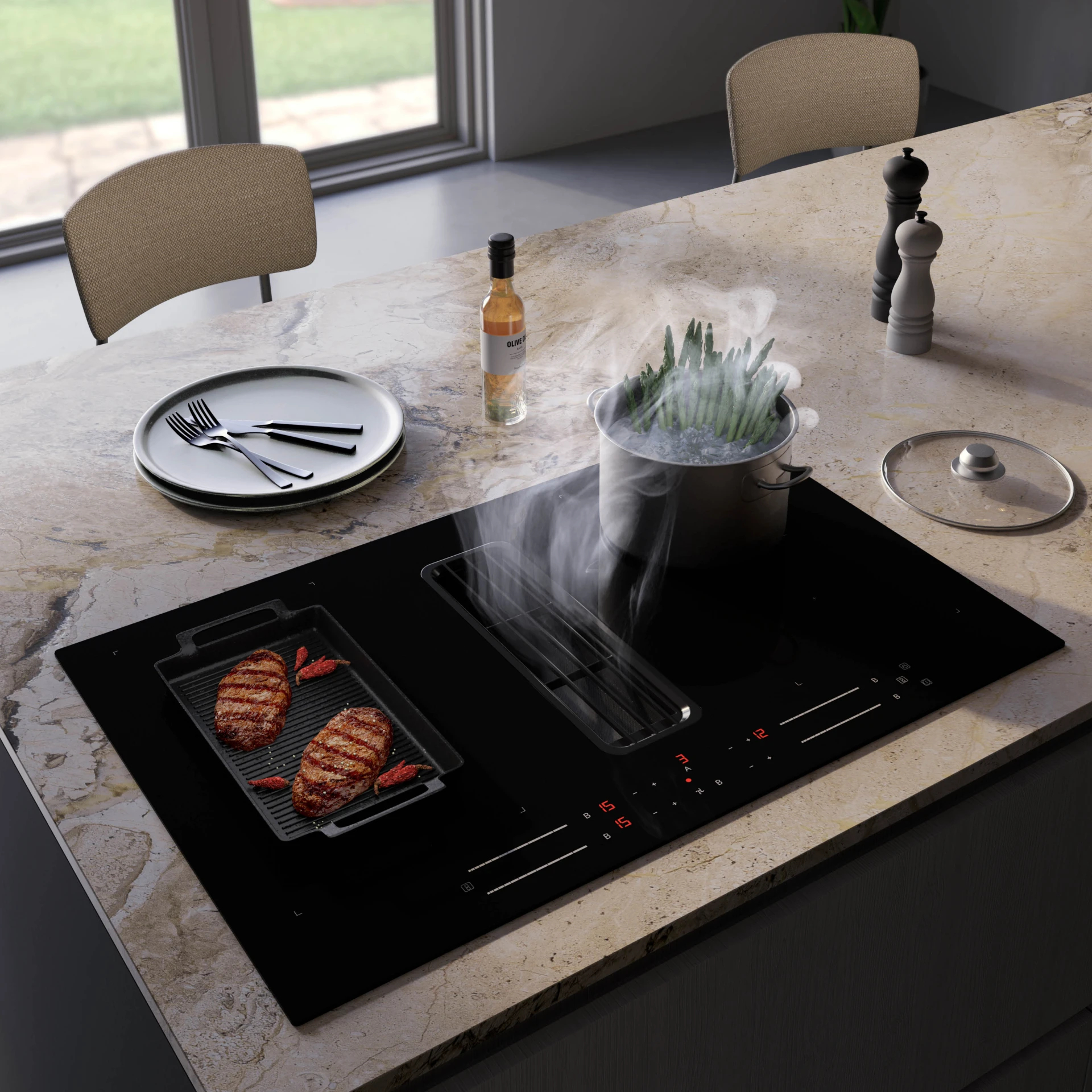 Two steaks and chilies grilling, asparagus boiling. Modern induction hob with extractor.