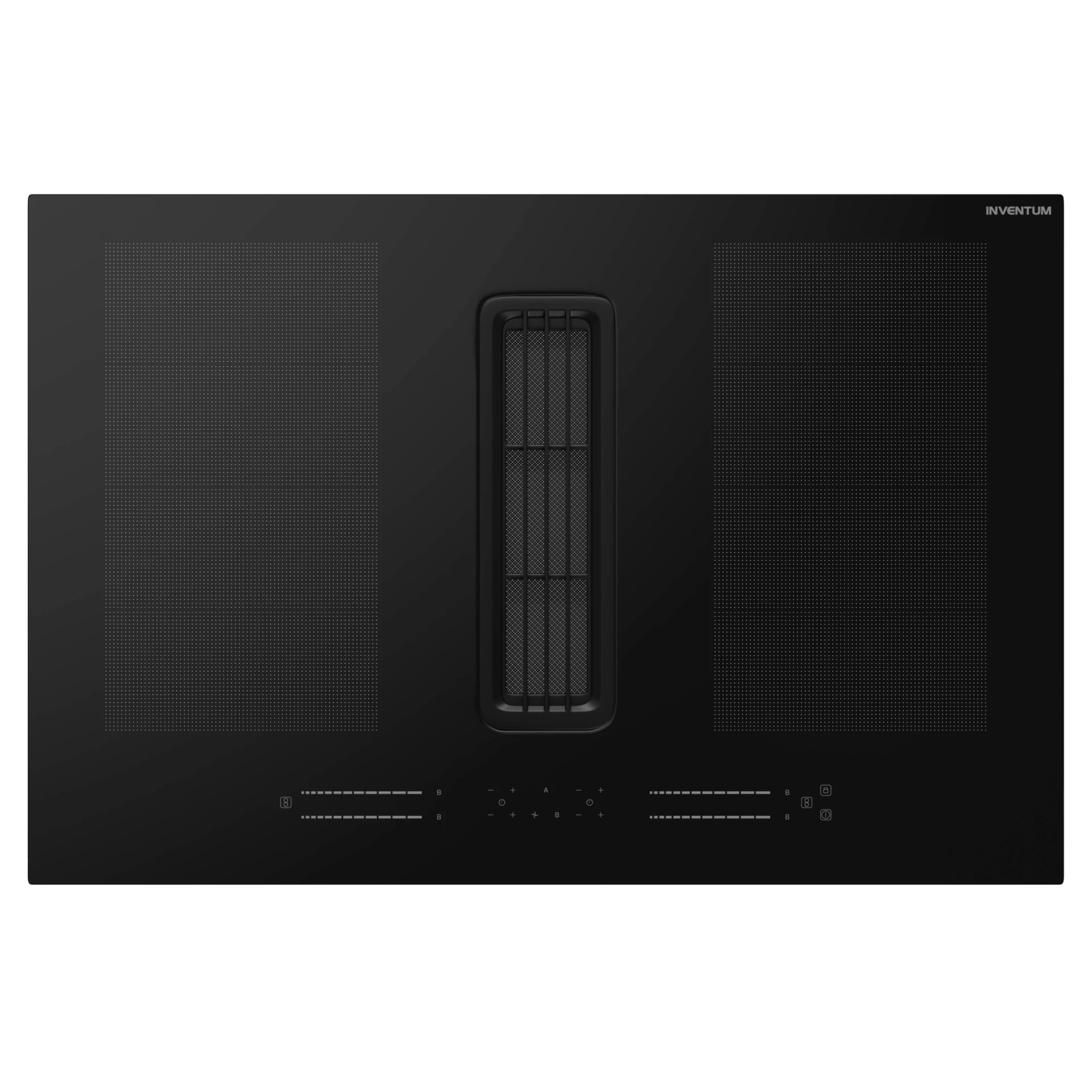 Black induction hob with integrated extractor fan and touch controls.