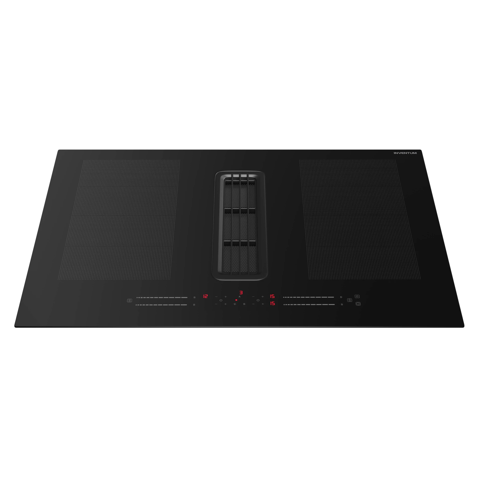 Black induction hob with integrated extractor fan and digital display.