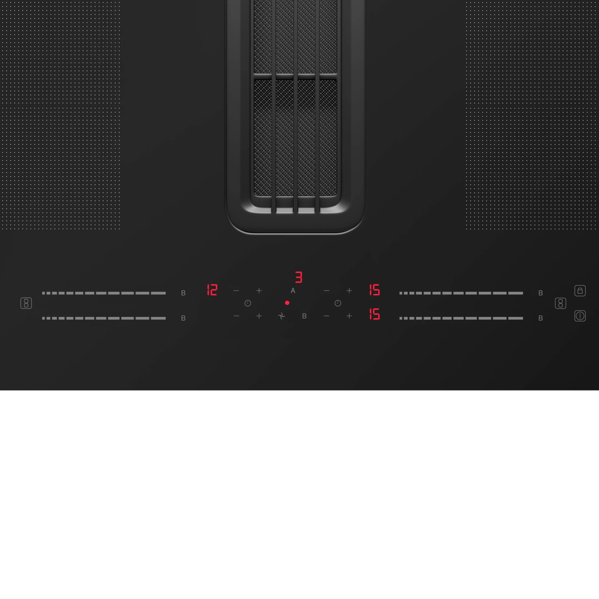 Black induction hob with digital controls and vent. Shows power levels.