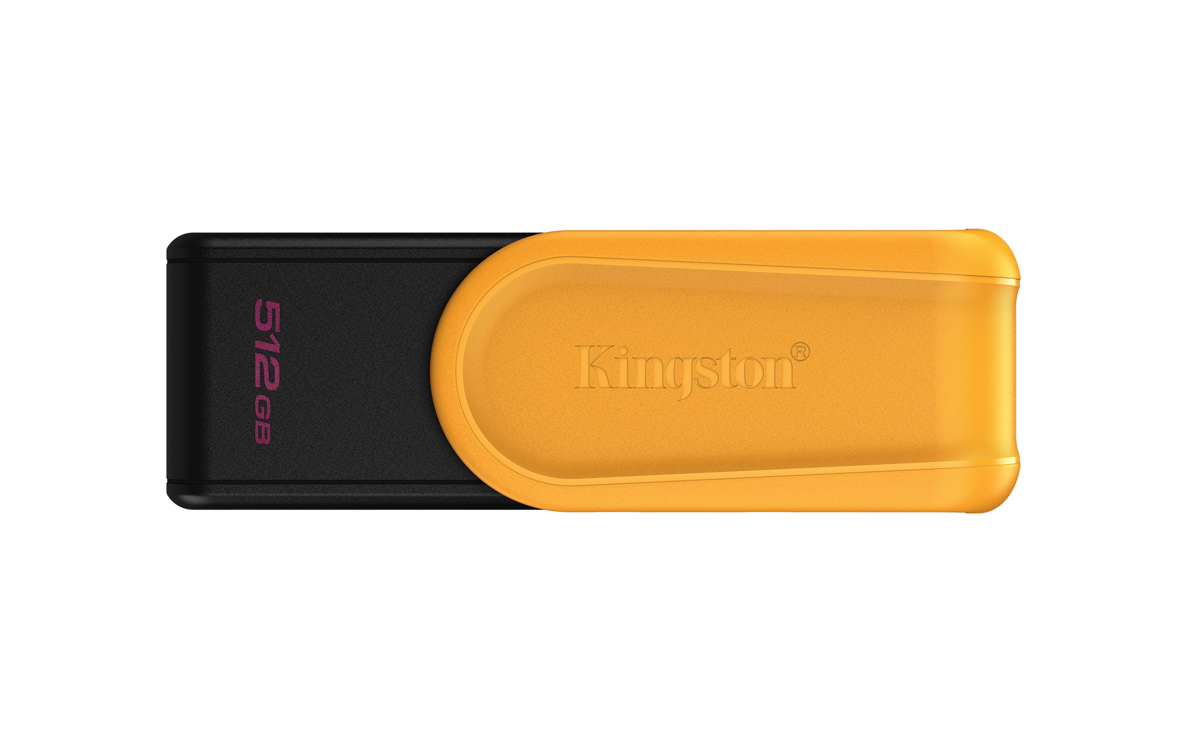 Czarny pendrive 512 GB z pomarańczową nasadką Kingston.