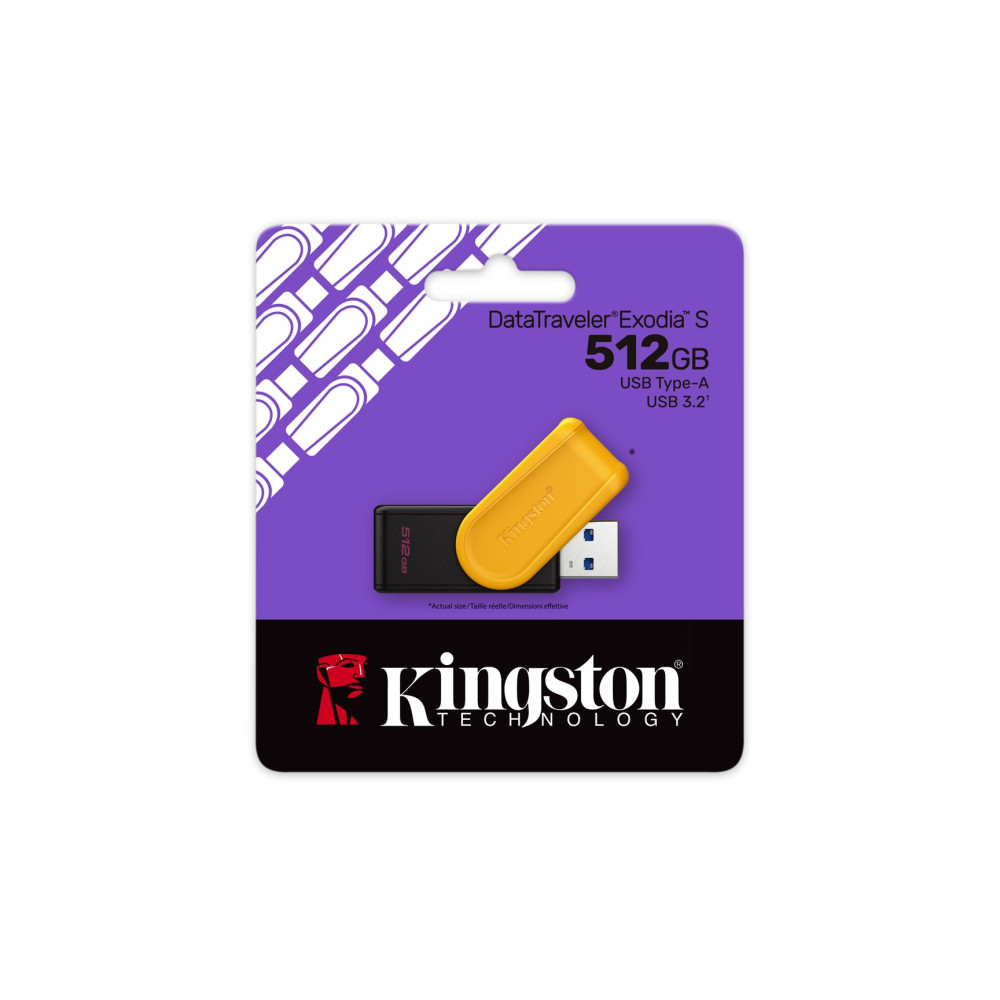 Kingston DataTraveler Exodia S 512GB USB drive in purple packaging.