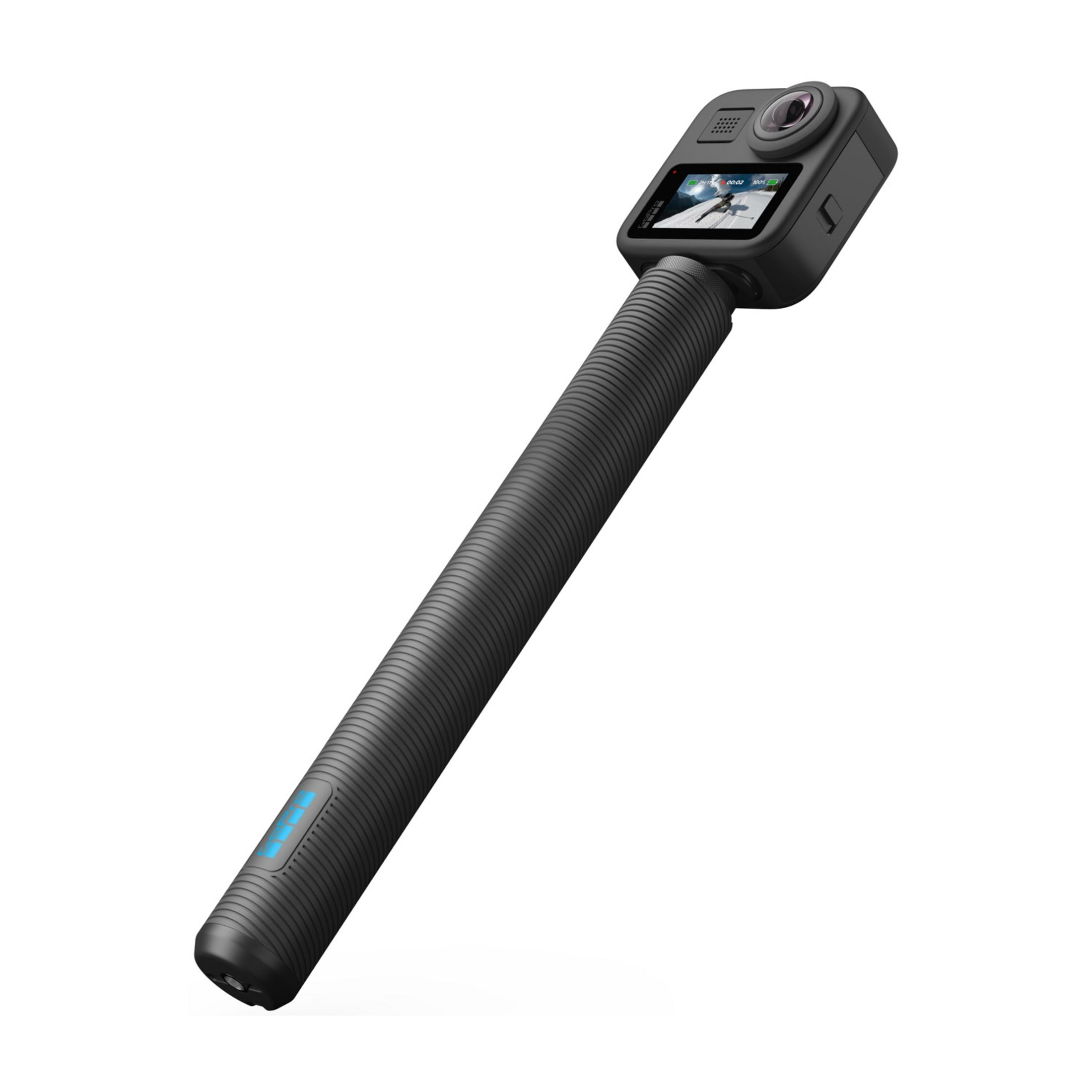 Una cámara GoPro negra con un mango largo.