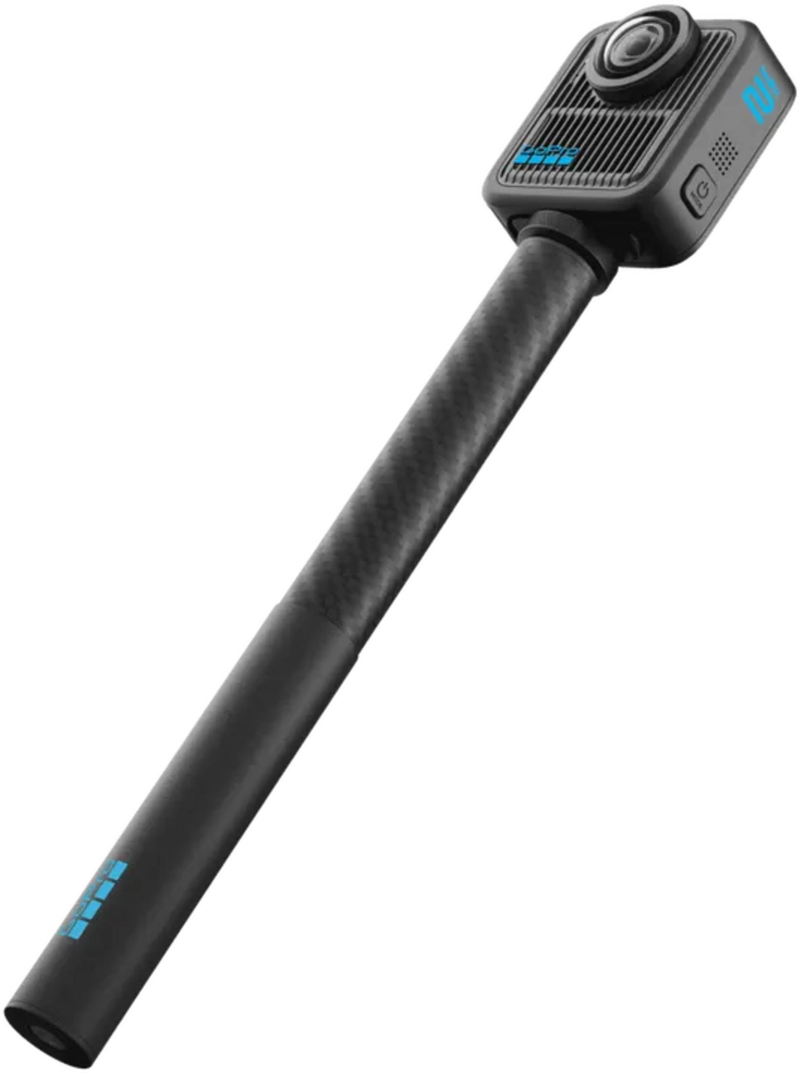 Una cámara GoPro negra con logo azul sobre un palo selfie.